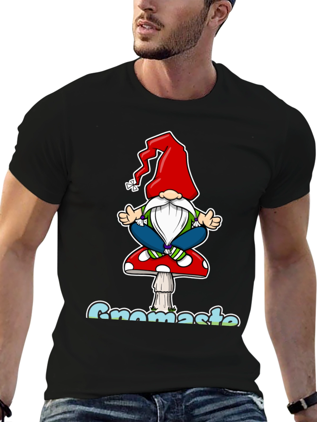 Black Gnomaste T-Shirt - Yoga Gnome on Mushroom view 6