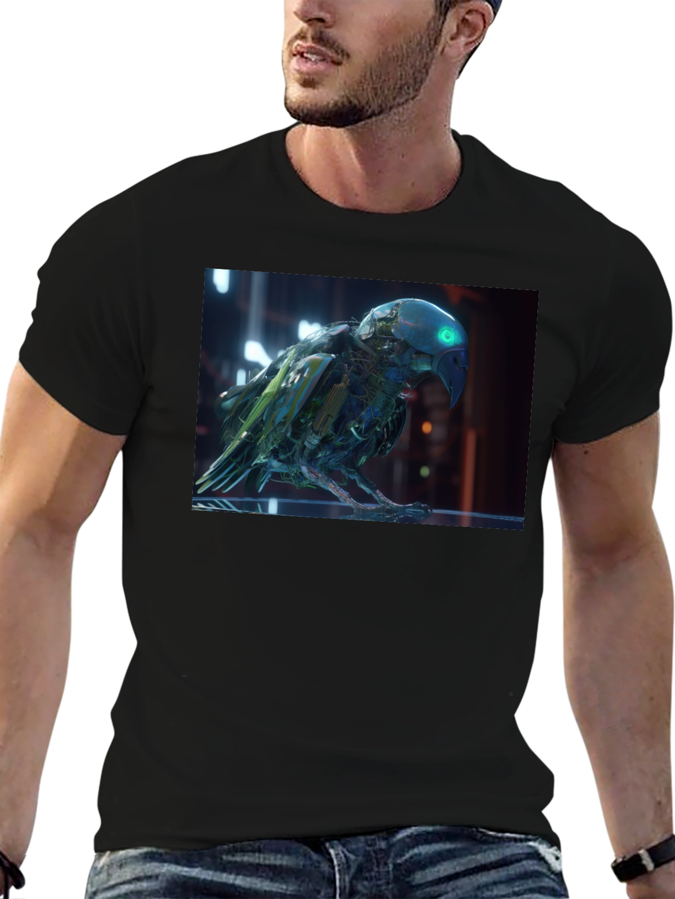 Black Cybernetic Parrot Graphic T-Shirt view 6