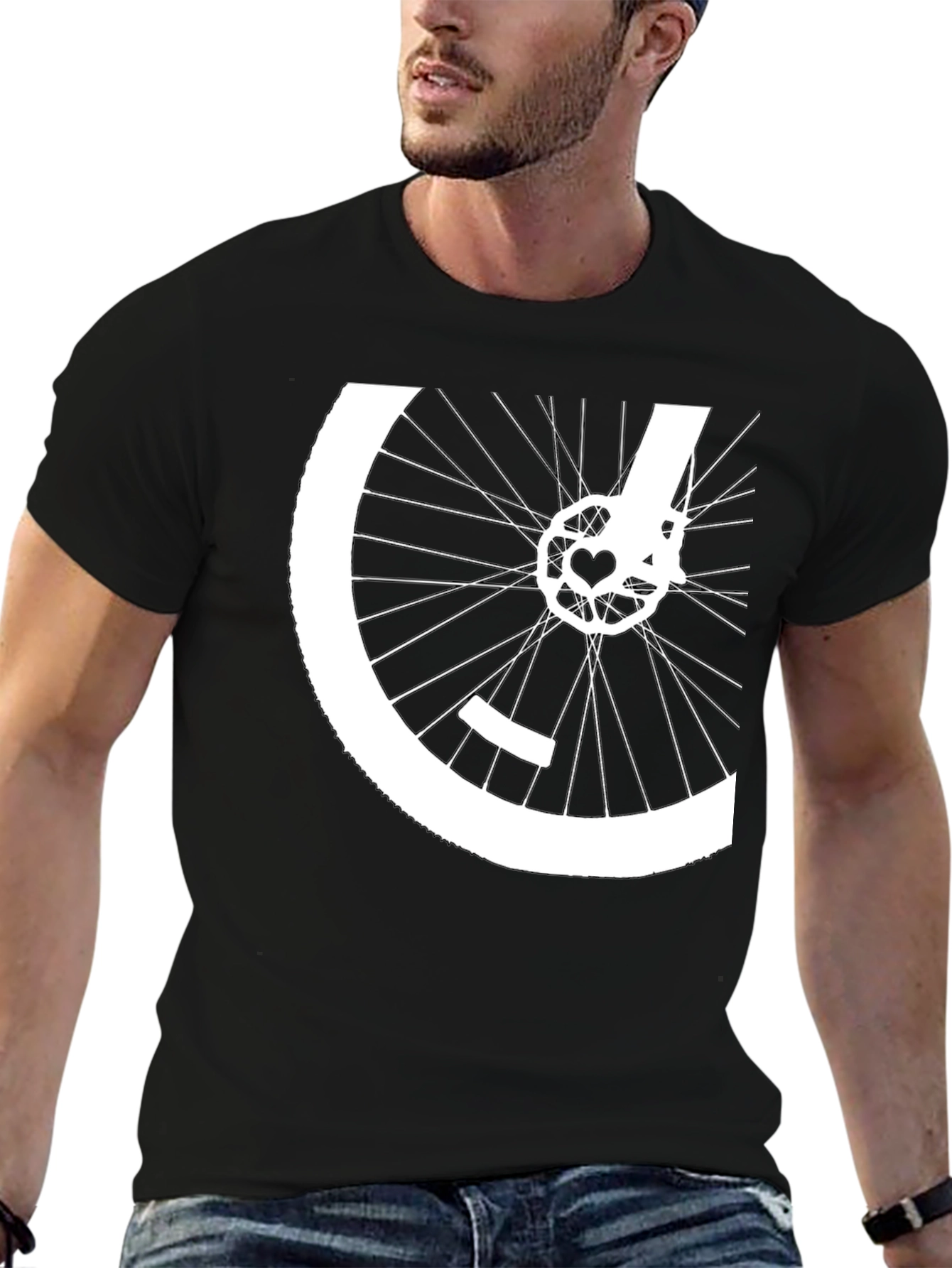 Black Bike Wheel Heart Graphic Tee - Black Cotton Blend view 6