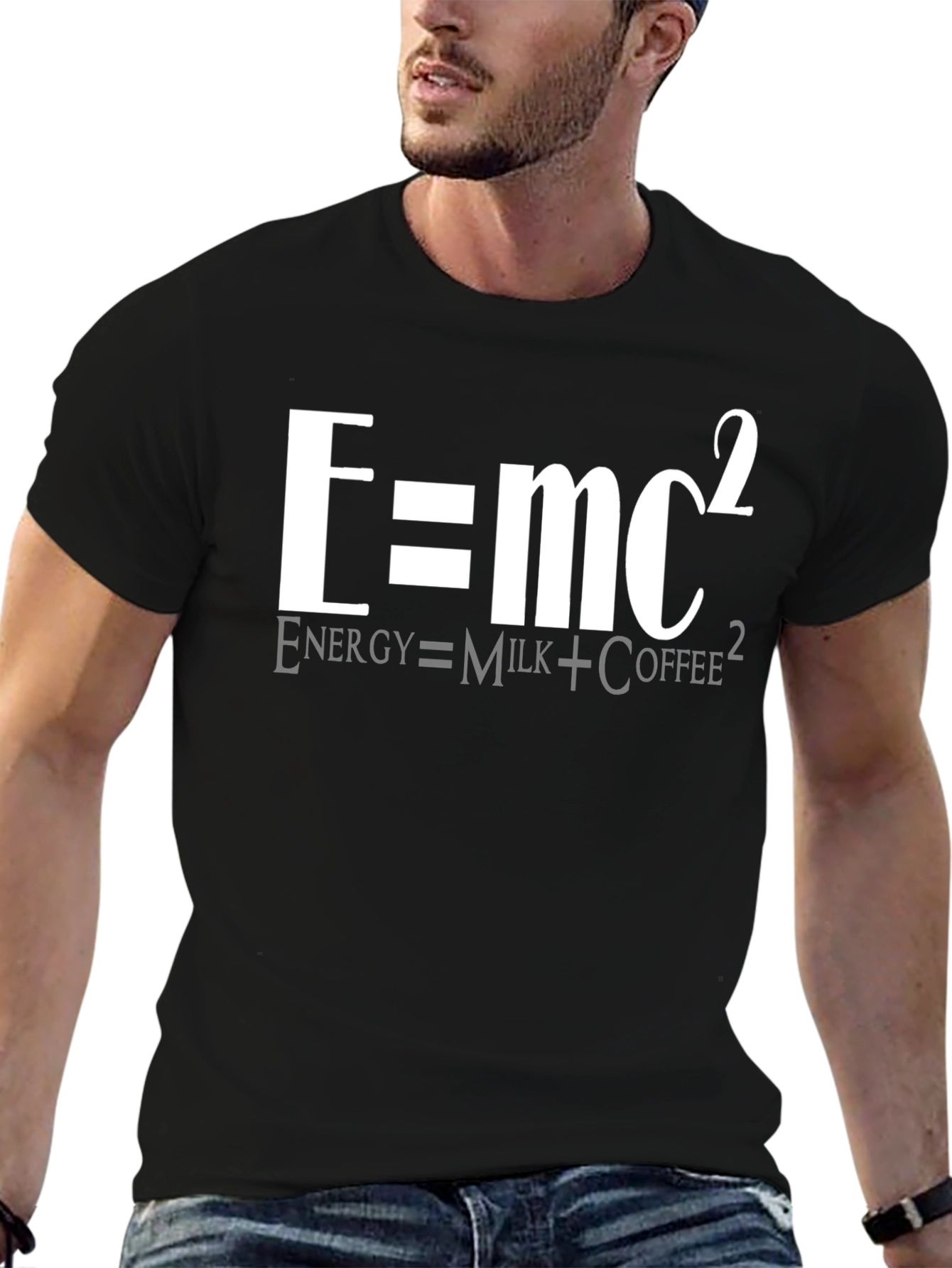 Black E=mc² Funny Science T-Shirt - Energy Equals Milk Coffee view 6