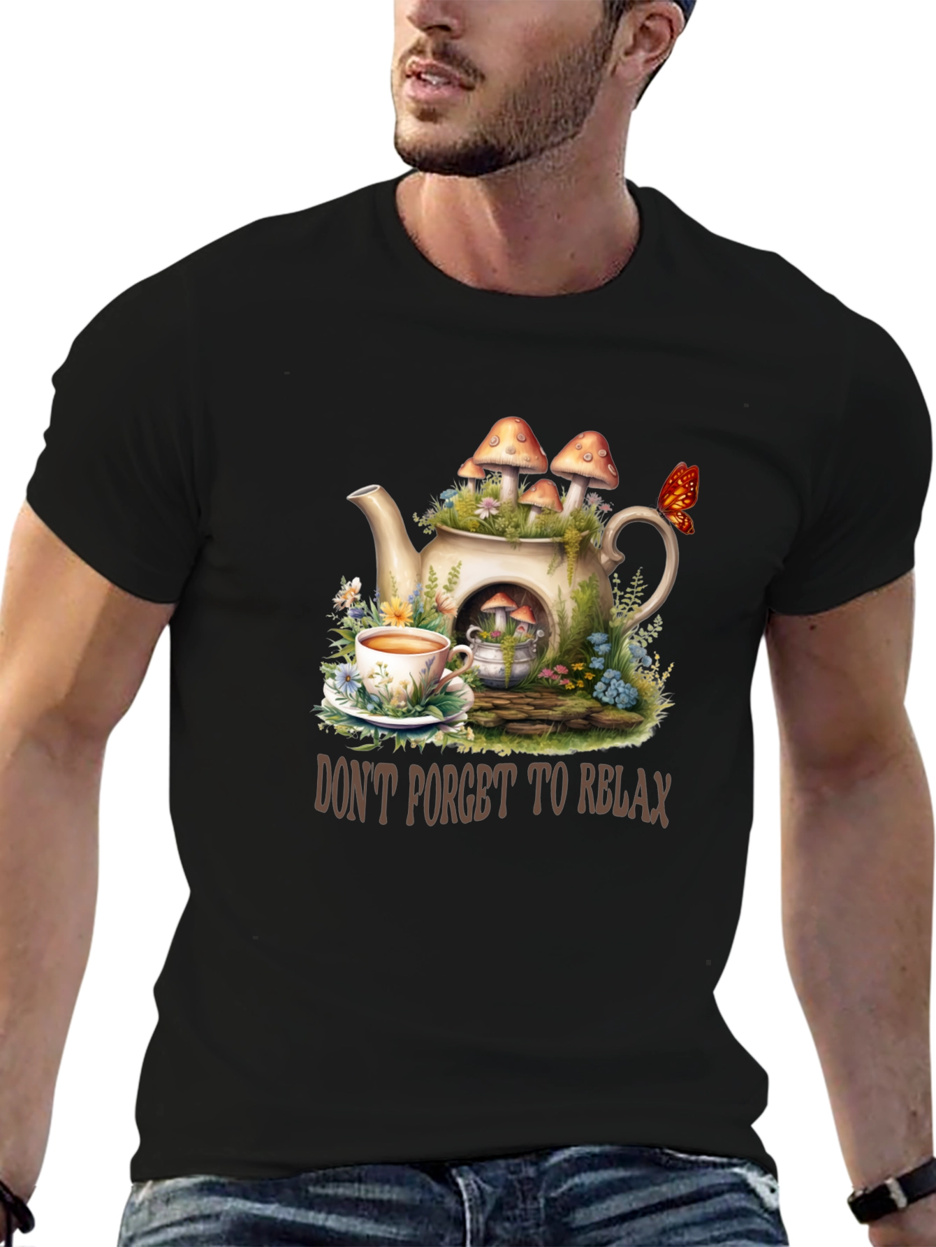 Black Relaxing Tea Party T-Shirt - Mushroom Teapot Design view 6