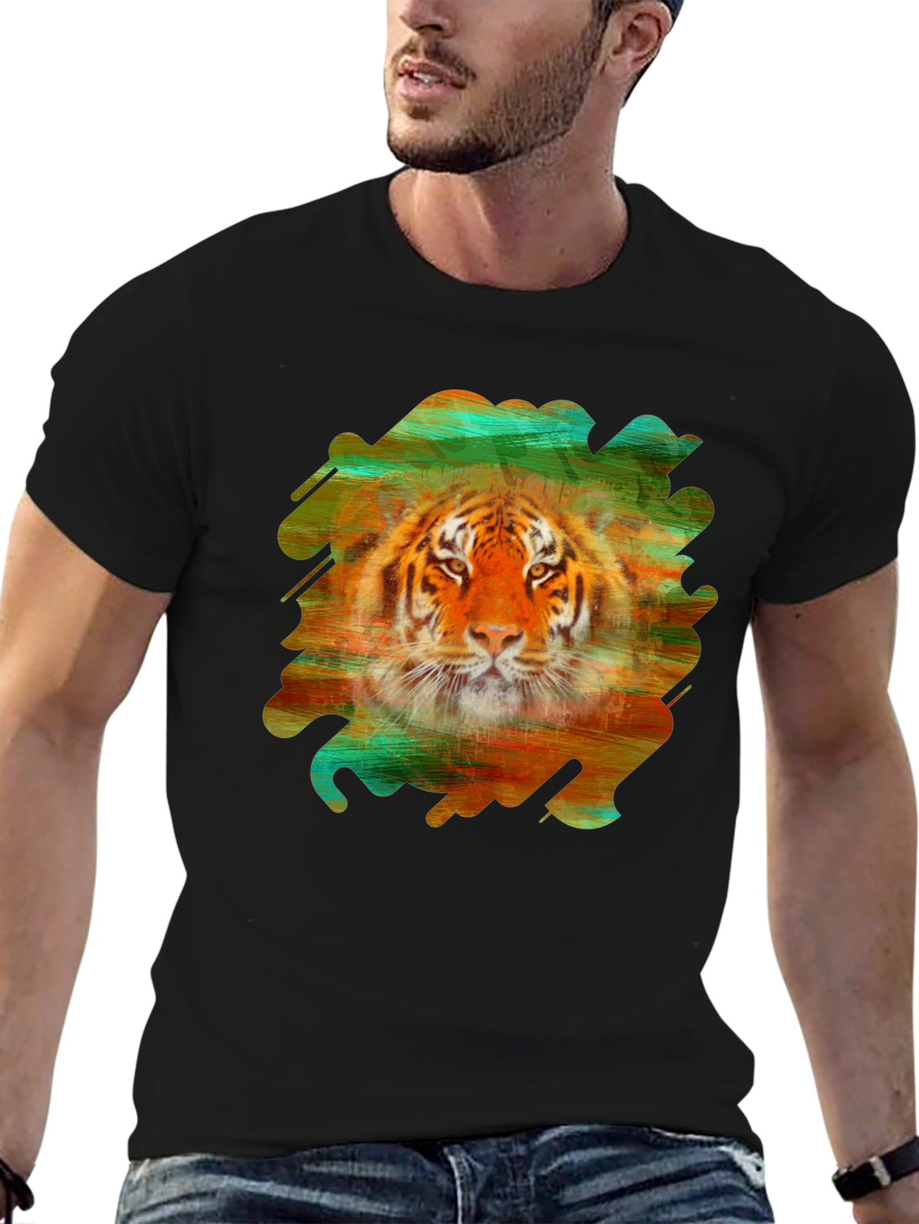 Black Tiger Graphic Tee - Brushstroke Design Black T-Shirt view 6