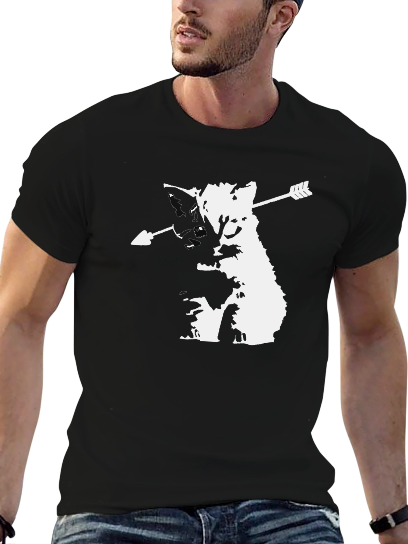 Black Arrow Cat Graphic Tee - Black Cotton T-Shirt view 6