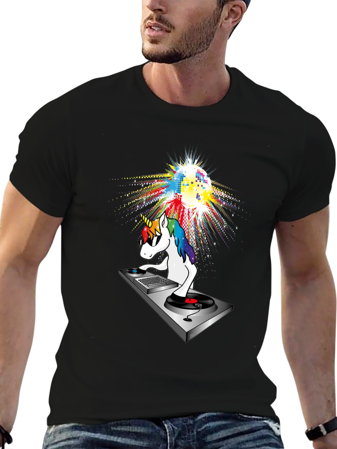 Black DJ Unicorn T-Shirt: Colorful Disco Party! view 6