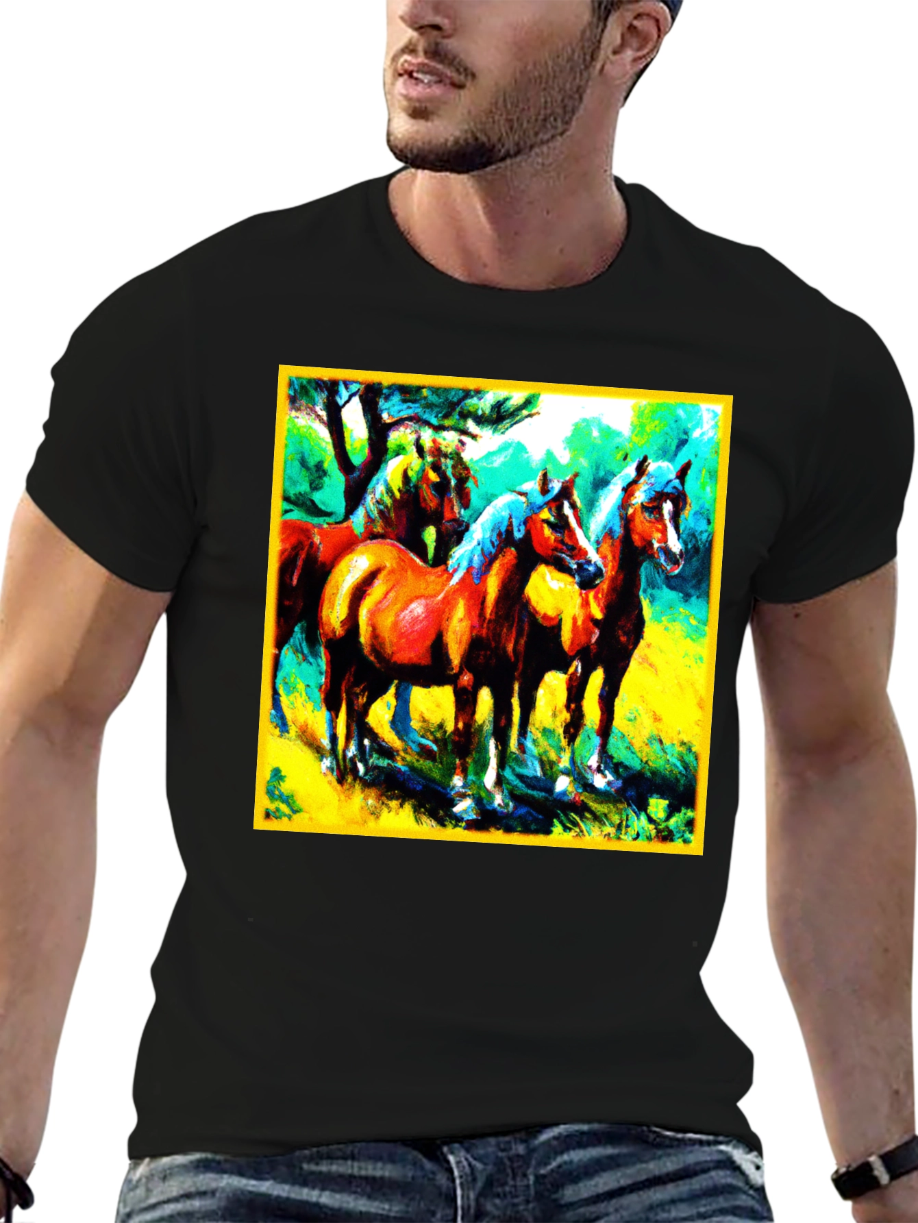 Black Horse Painting Graphic Tee - Men's Black T-Shirt view 6