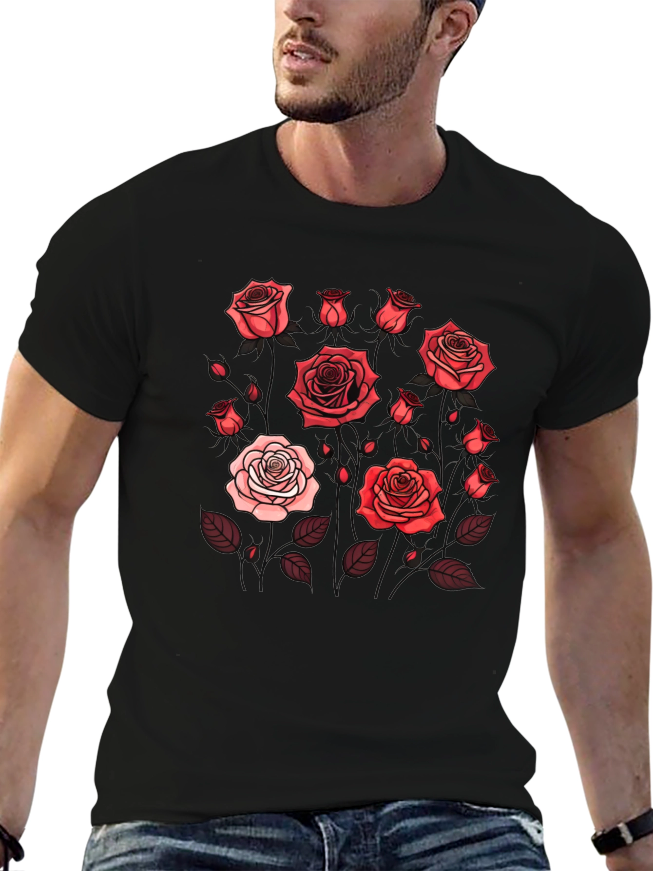 Black Floral Rose Print T-Shirt - Black view 6