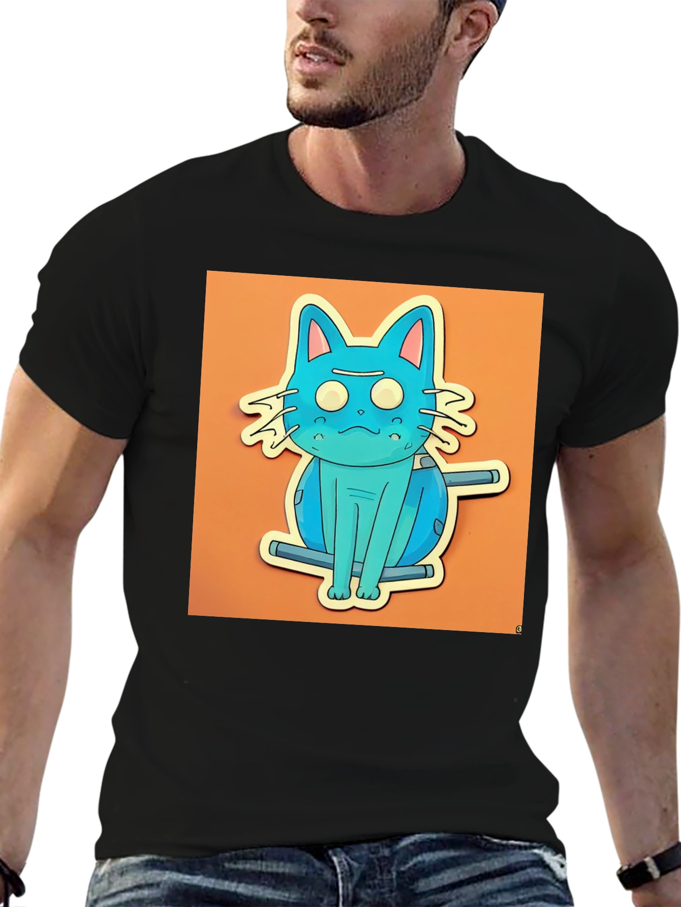 Black Blue Cat T-Shirt - Funky Cartoon Style view 6