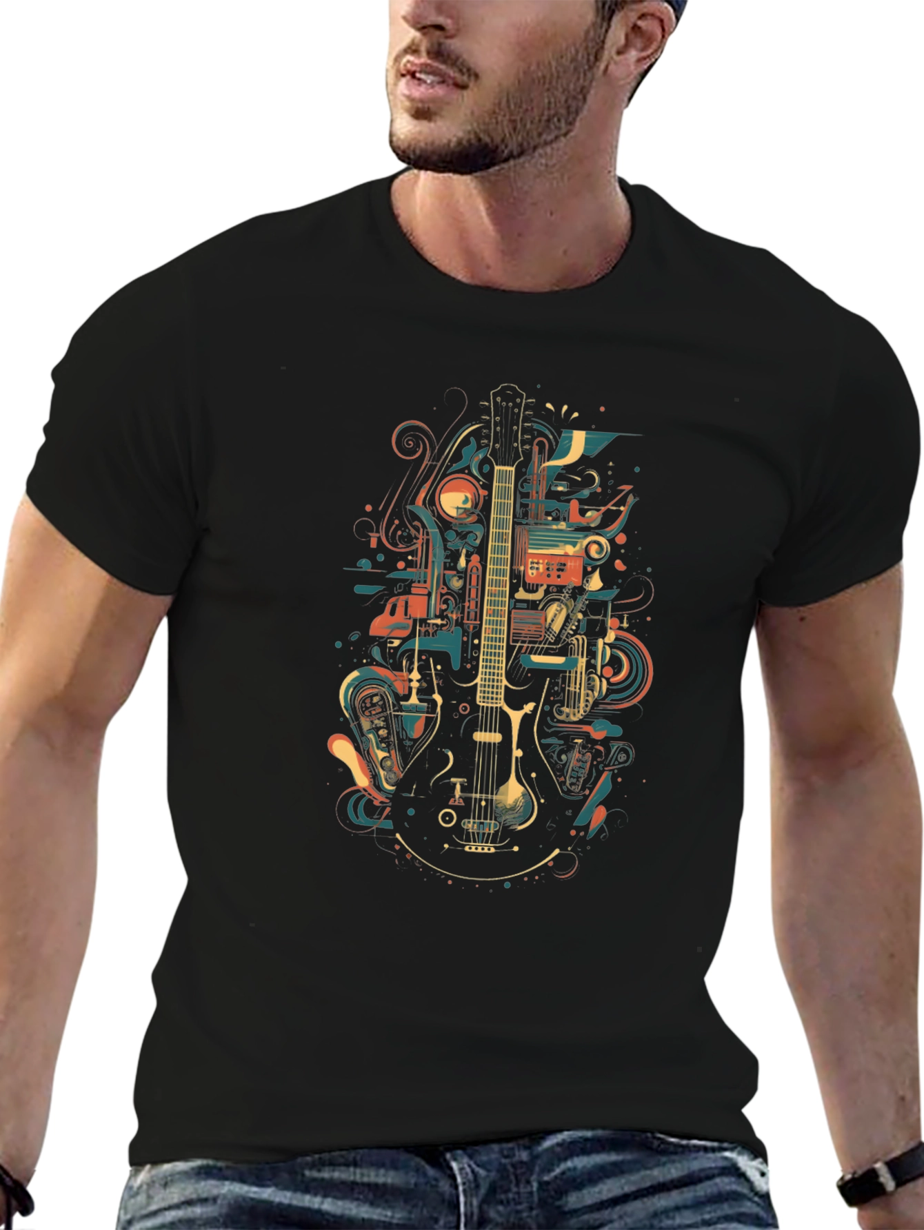 Black Abstract Guitar Graphic T-Shirt view 6