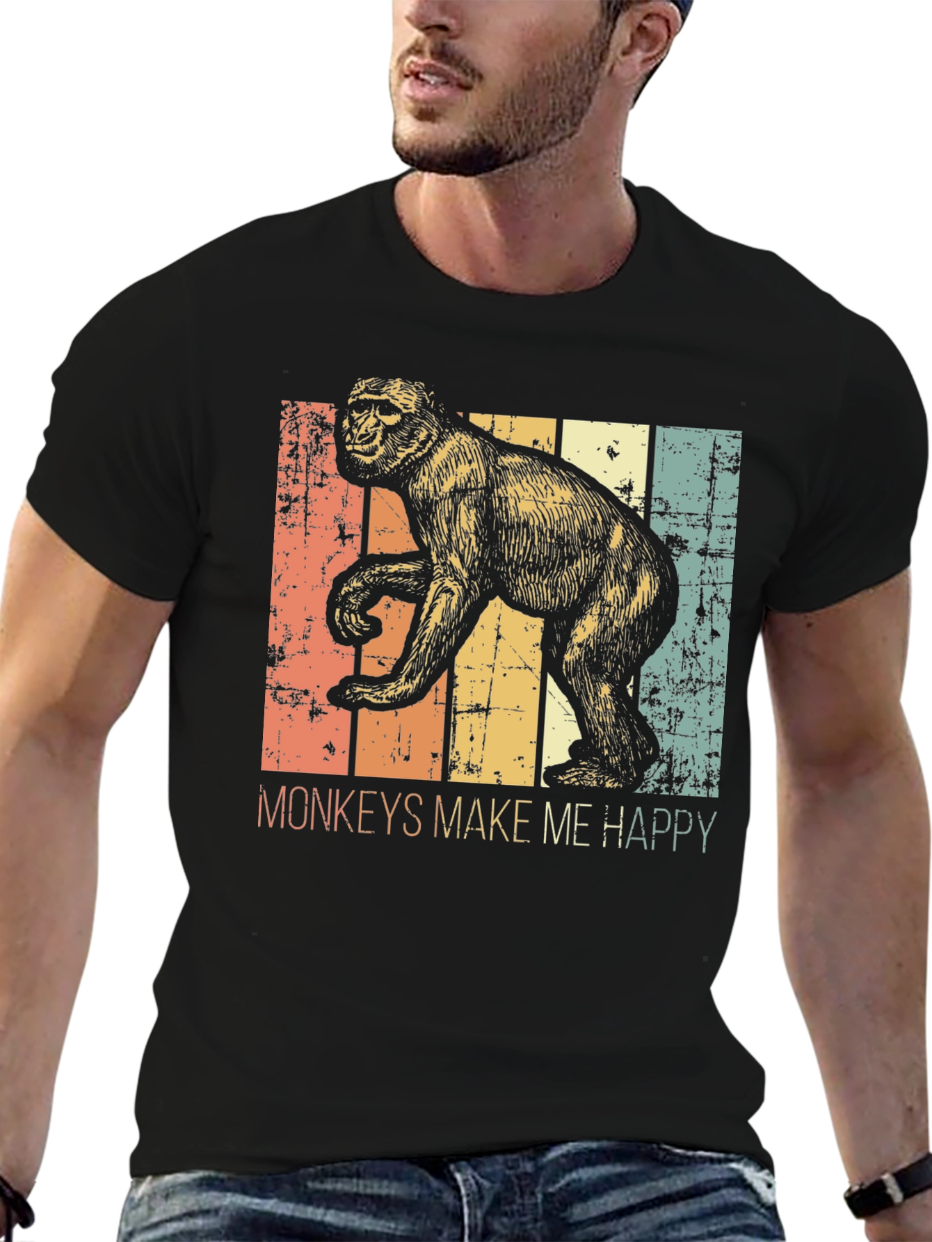 Black Vintage Monkeys Make Me Happy Graphic Tee view 6