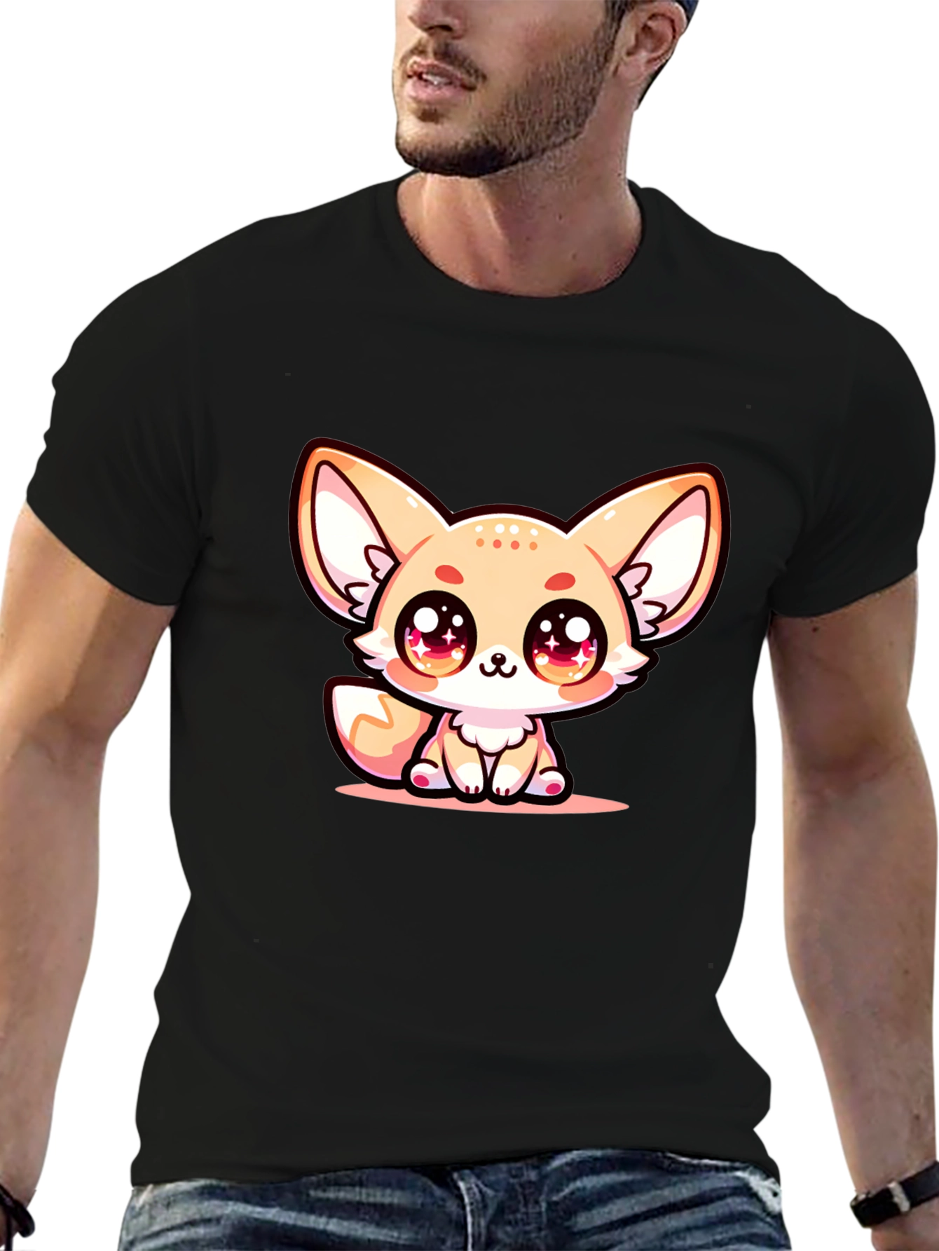 Black Cute Fennec Fox Graphic Tee - Black Cotton Blend view 6