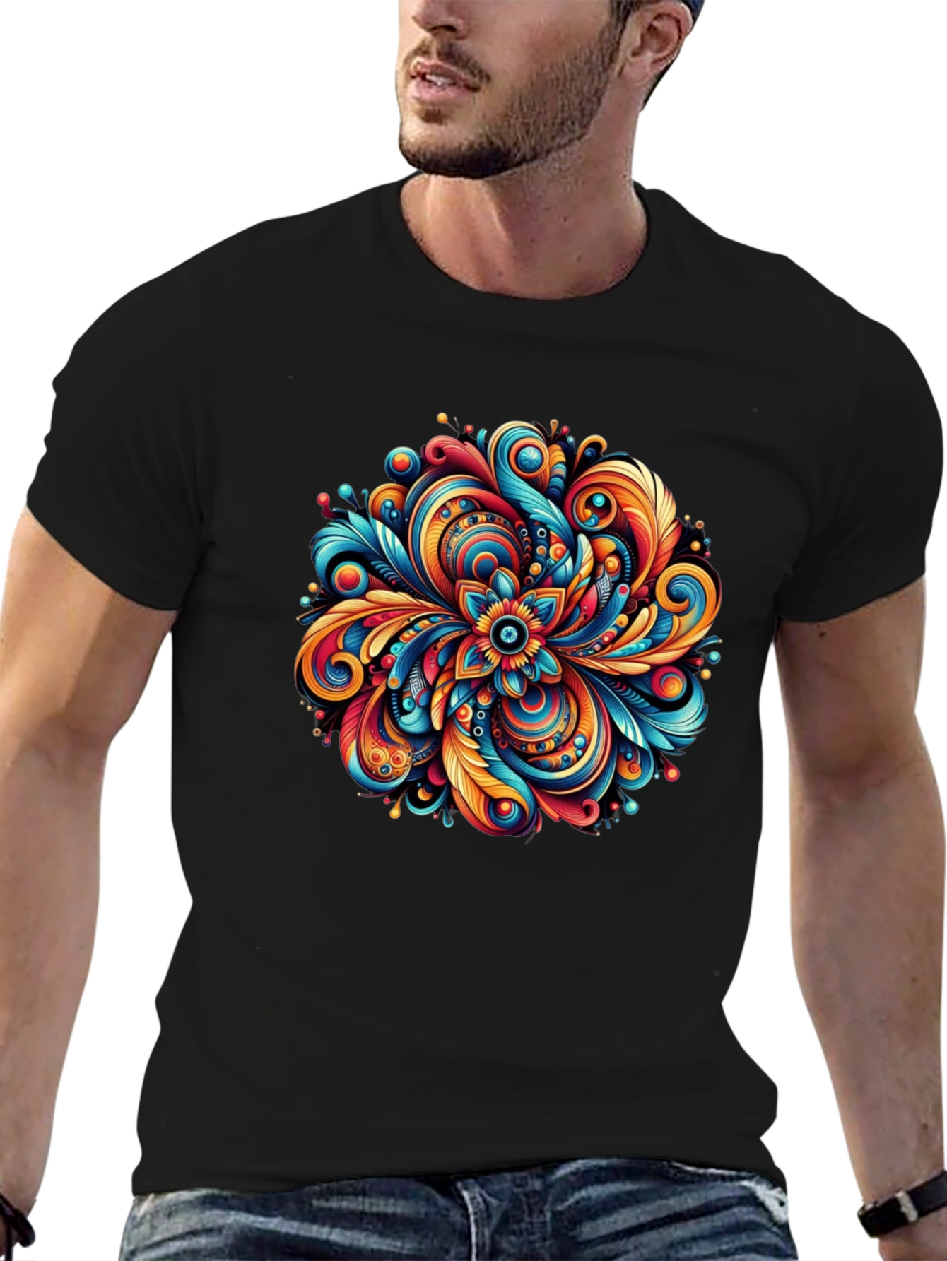 Black Vibrant Floral Mandala Graphic Tee - Black Cotton Comfort view 6