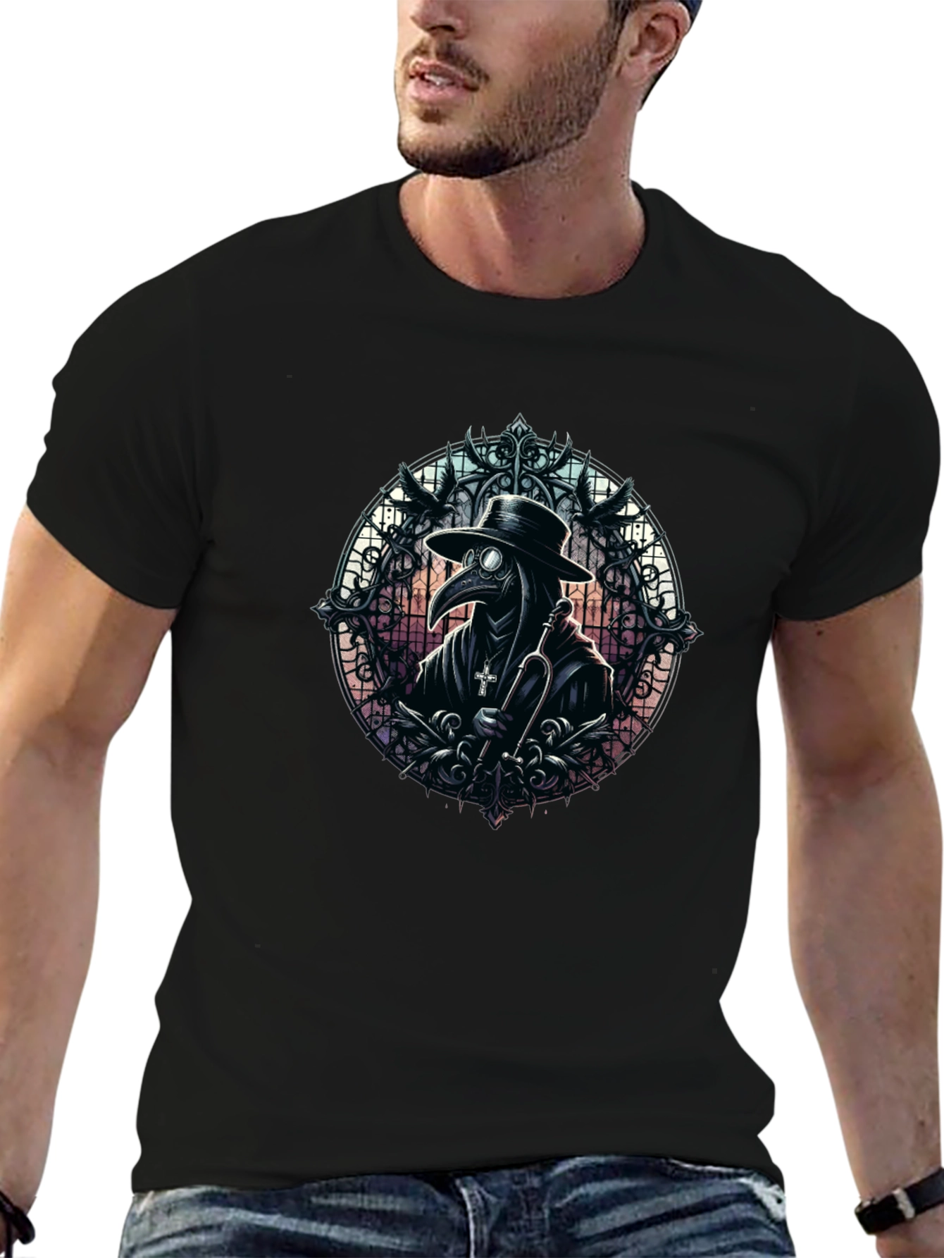 Black Plague Doctor Graphic Tee - Gothic Style view 6