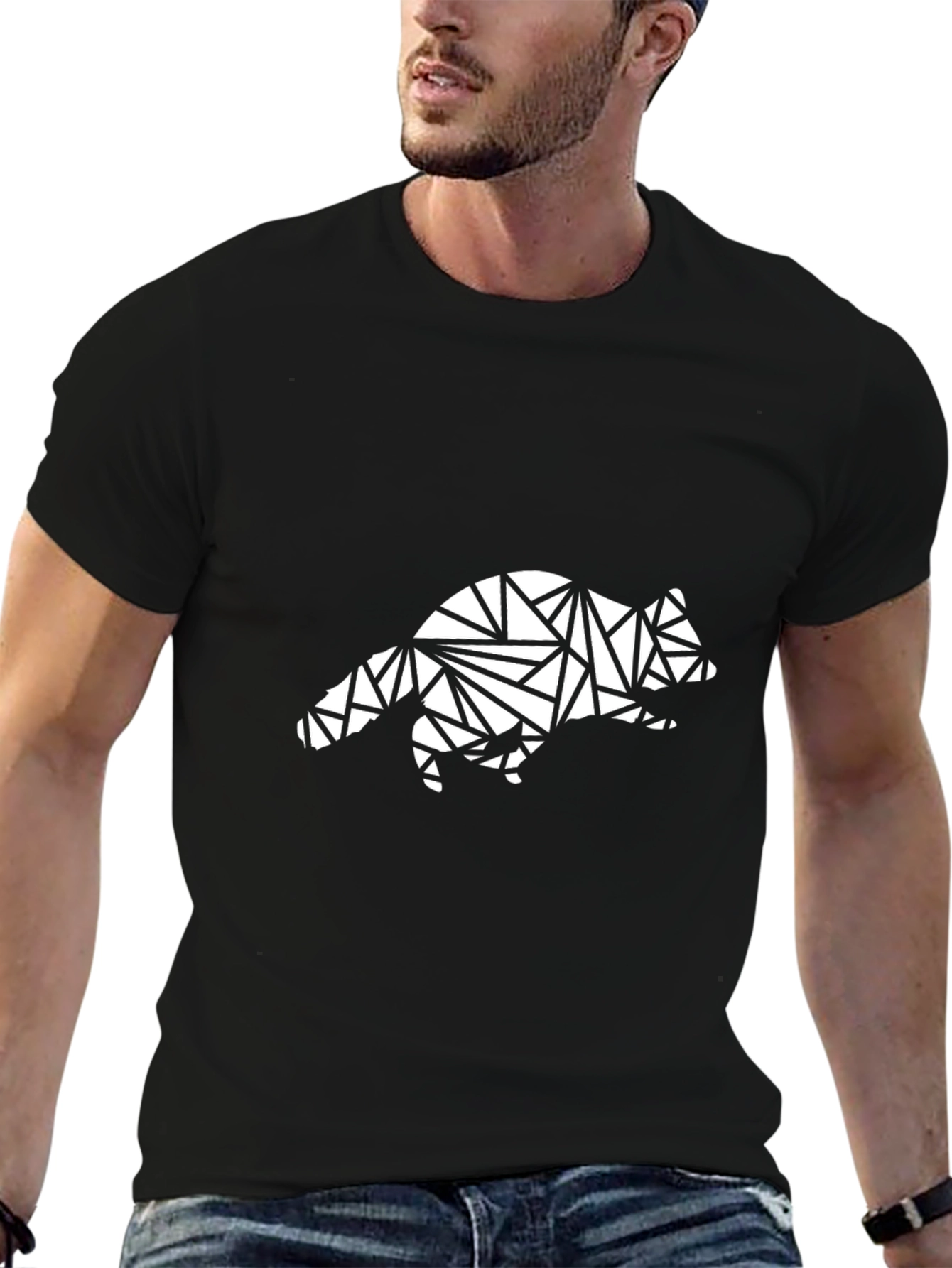 Black Geometric Raccoon Tee - Abstract Animal Design Shirt view 6