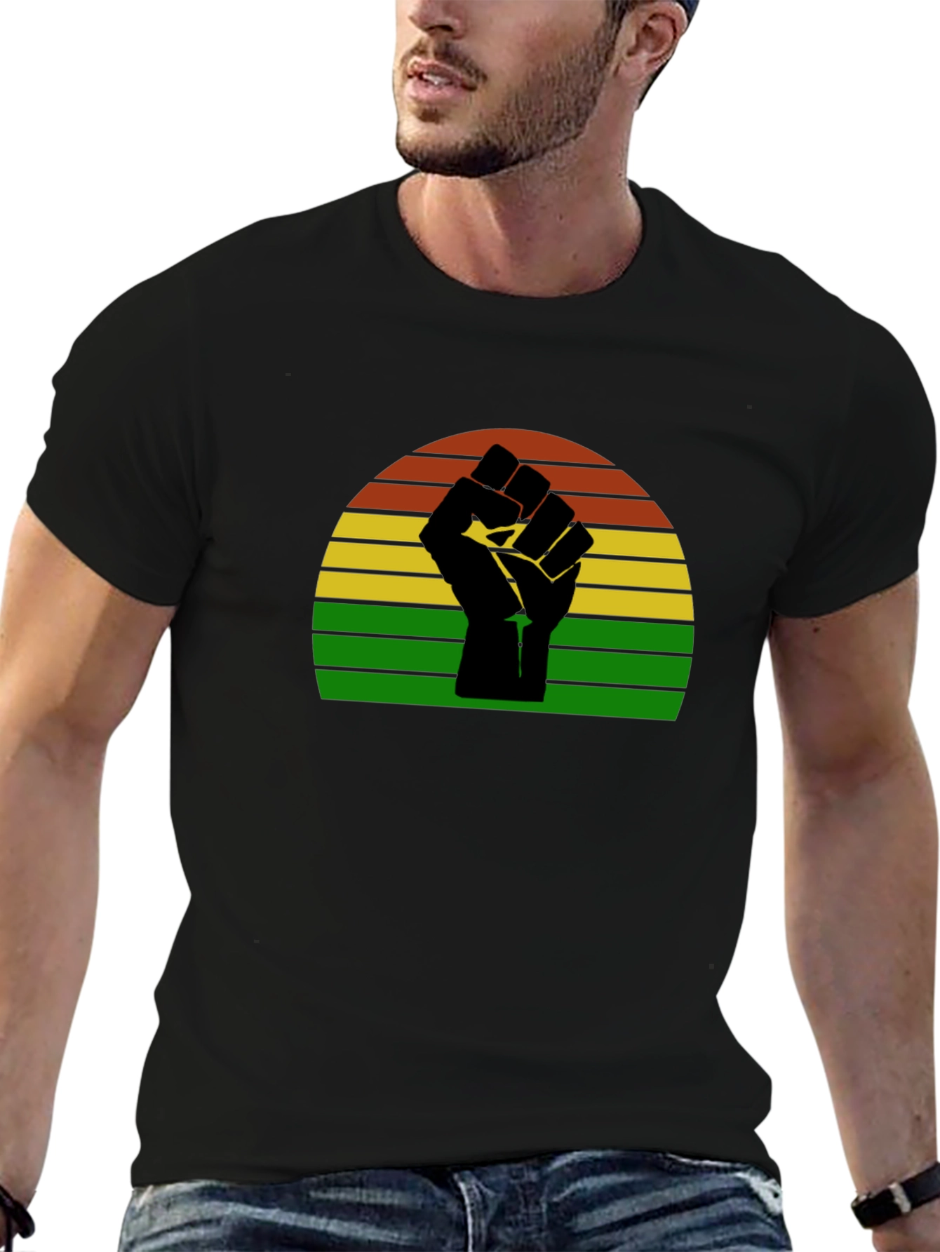 Black Black Power Fist T-Shirt - Retro Sunset Design view 6