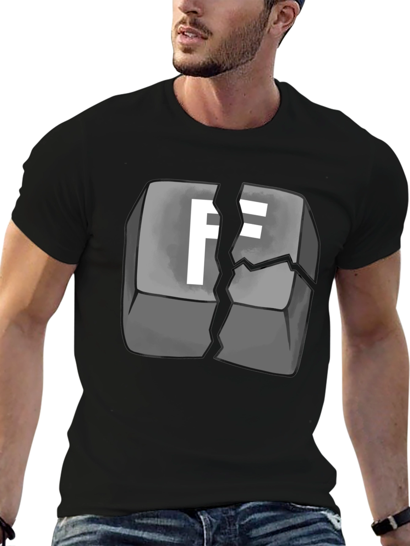 Black Cracked Keyboard Key F Graphic T-Shirt view 6