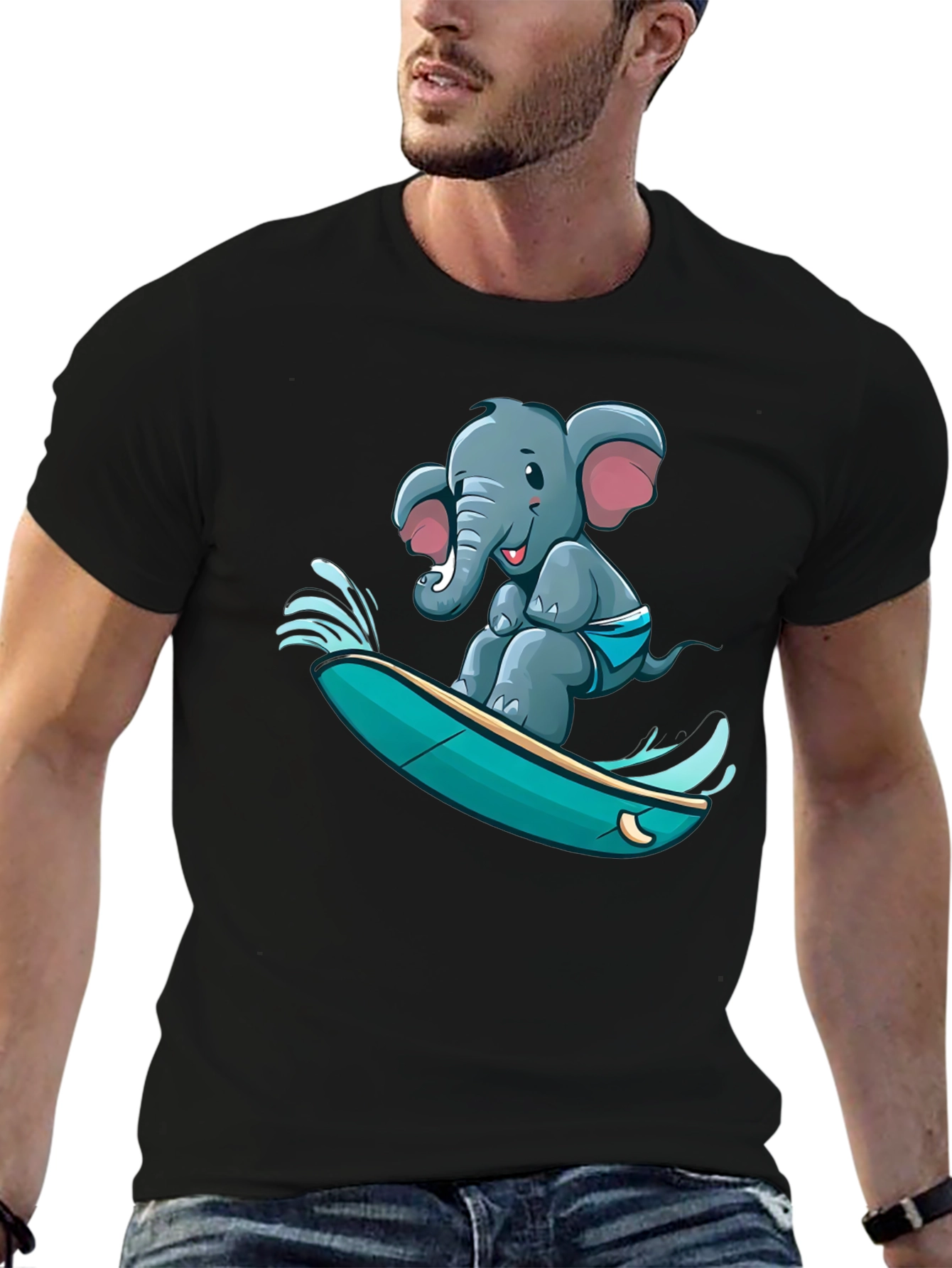 Black Surfing Elephant T-Shirt - Unique Cartoon Design view 6