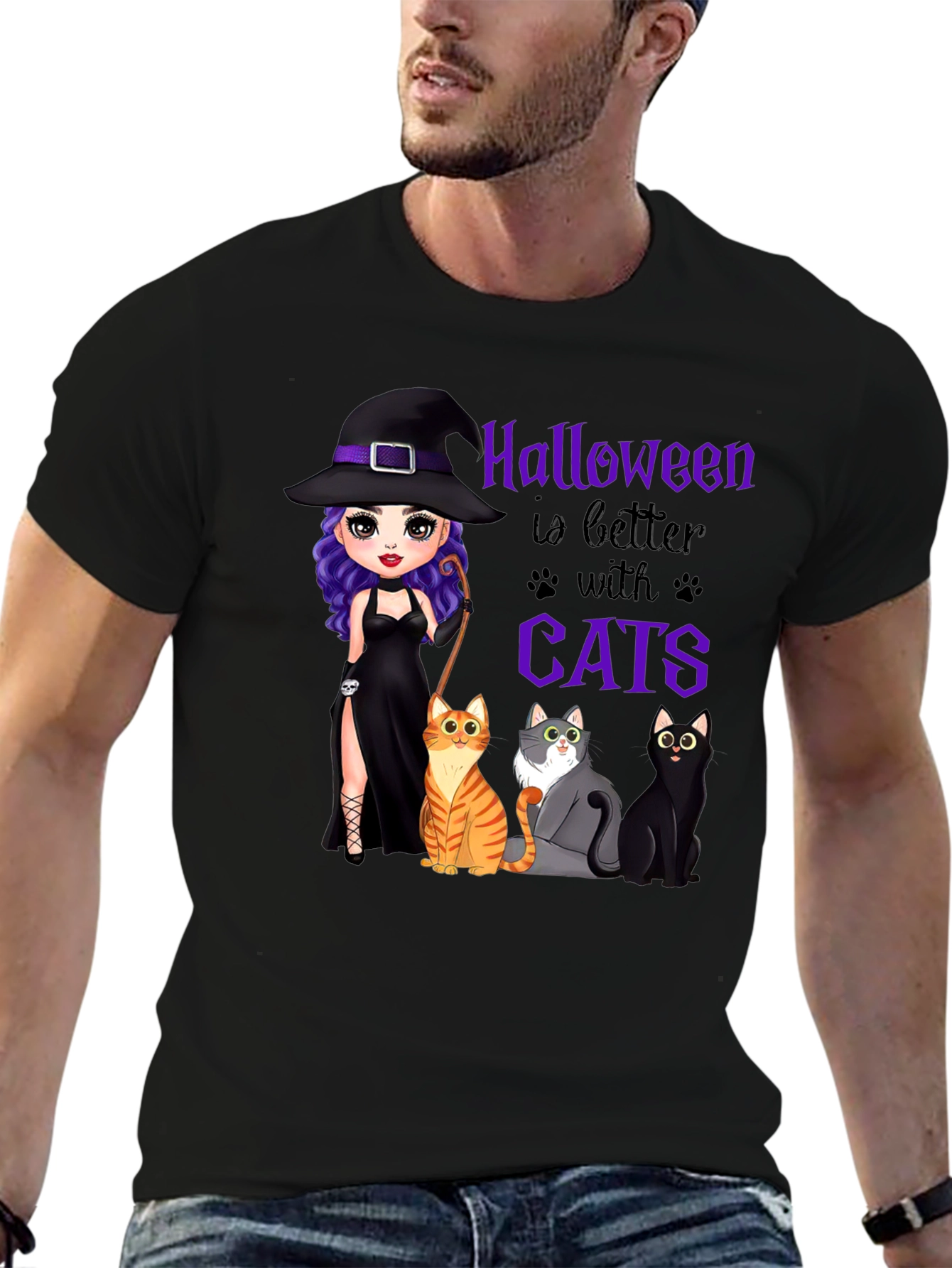 Black Halloween Witch and Cats T-Shirt view 6