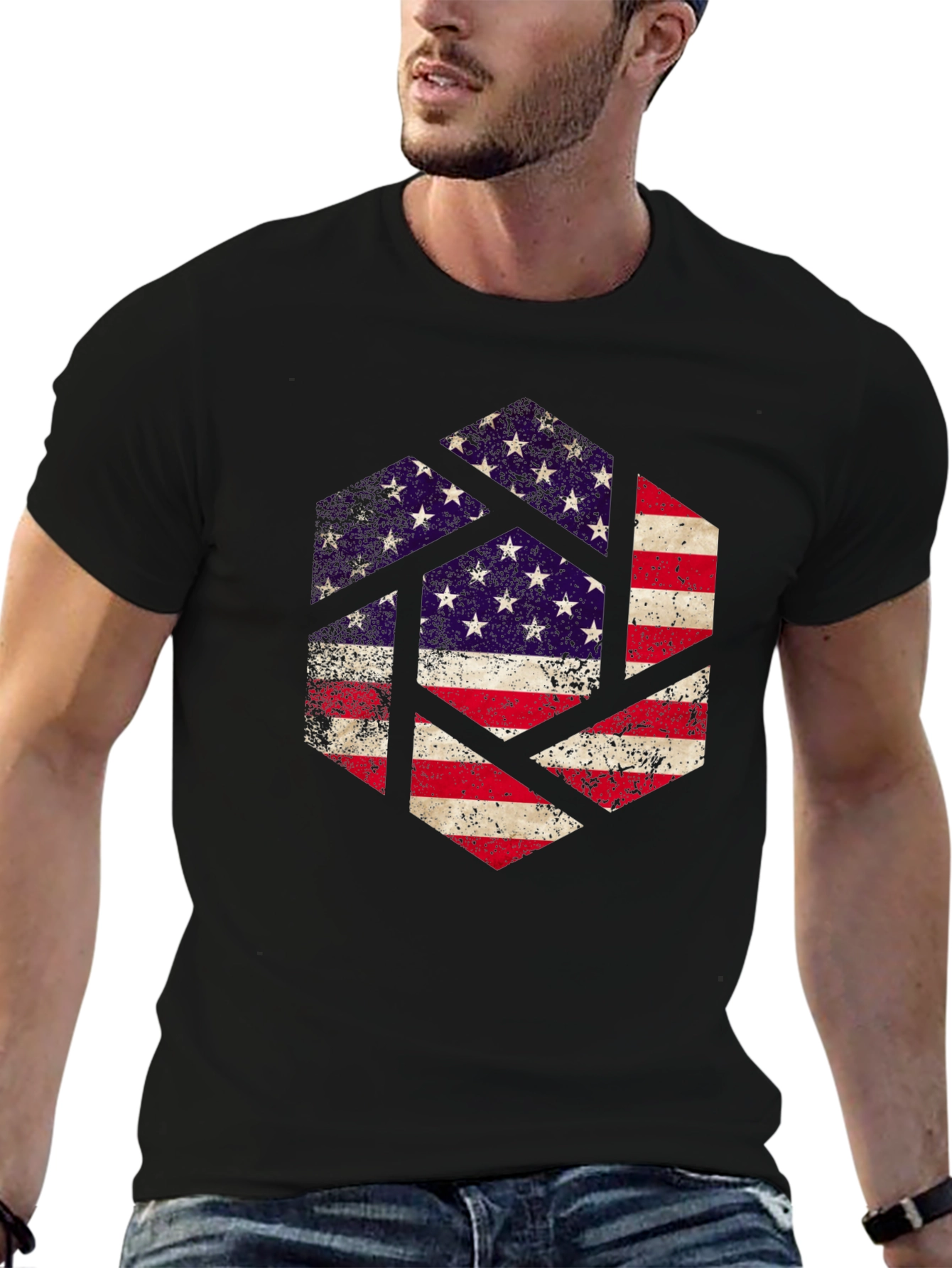 Black American Flag Hexagon Graphic Tee - Patriotic Design view 6