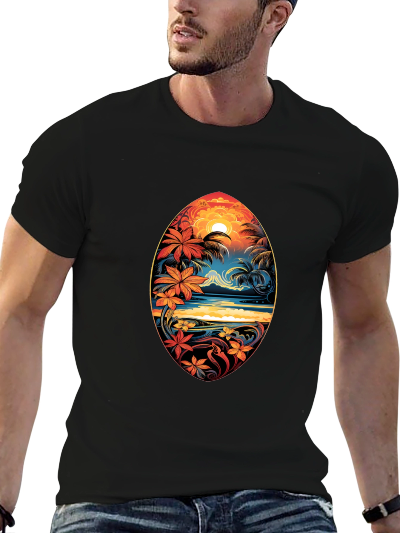 Black Tropical Island Surfboard Design Black T-Shirt view 6
