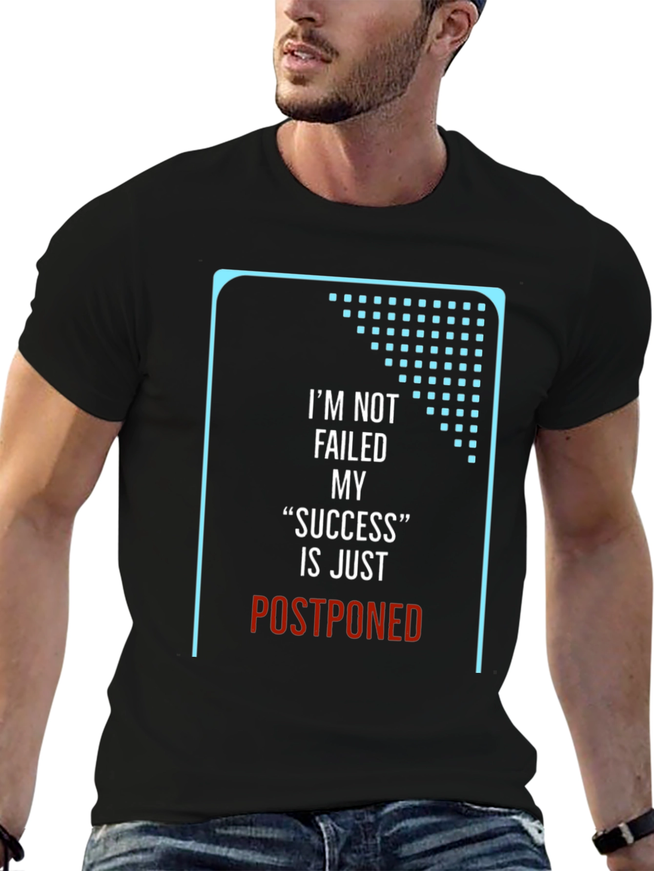 Black Motivational T-Shirt: "Postponed Success" Black Crew Neck view 6