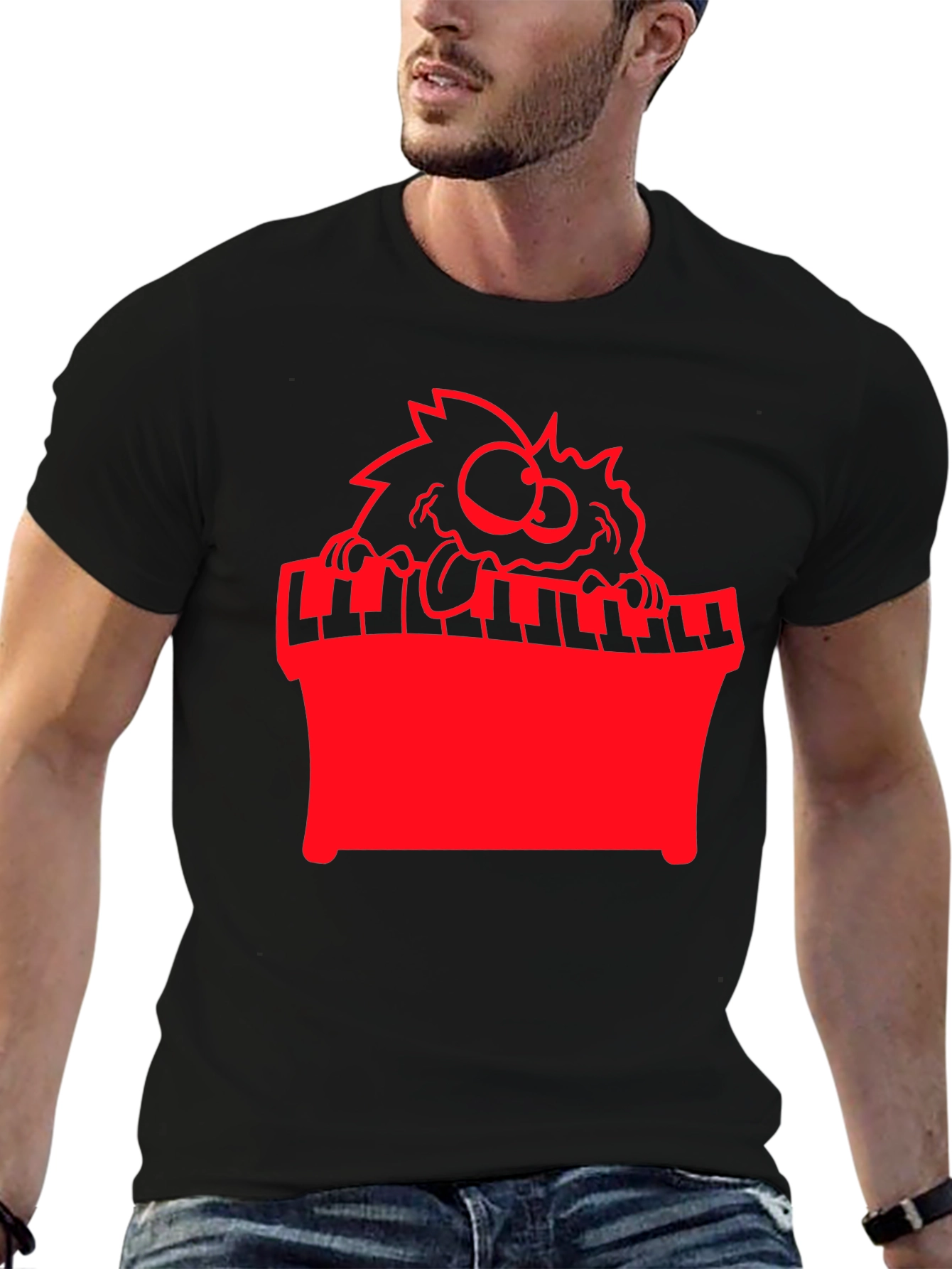Black Funny Monster Playing Piano Graphic Tee view 6