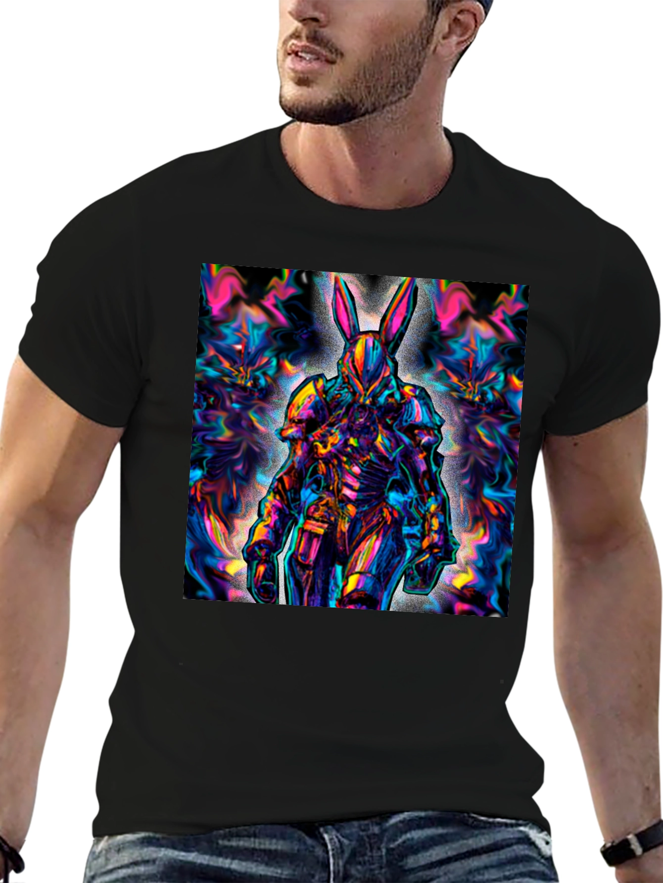 Black Psychedelic Rabbit Warrior Black T-Shirt view 6