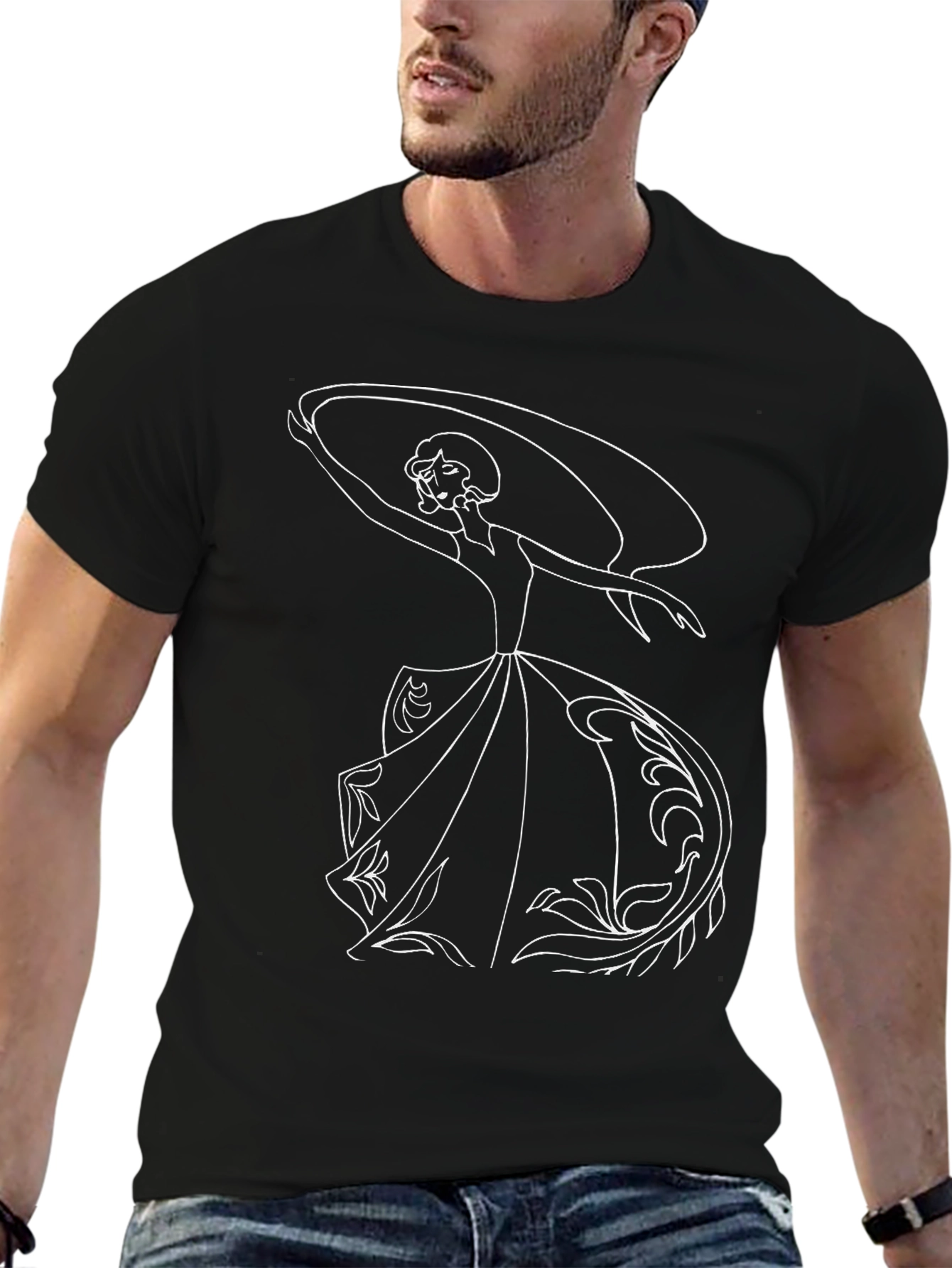 Black Elegant Woman Graphic Tee - Black Cotton T-Shirt view 6