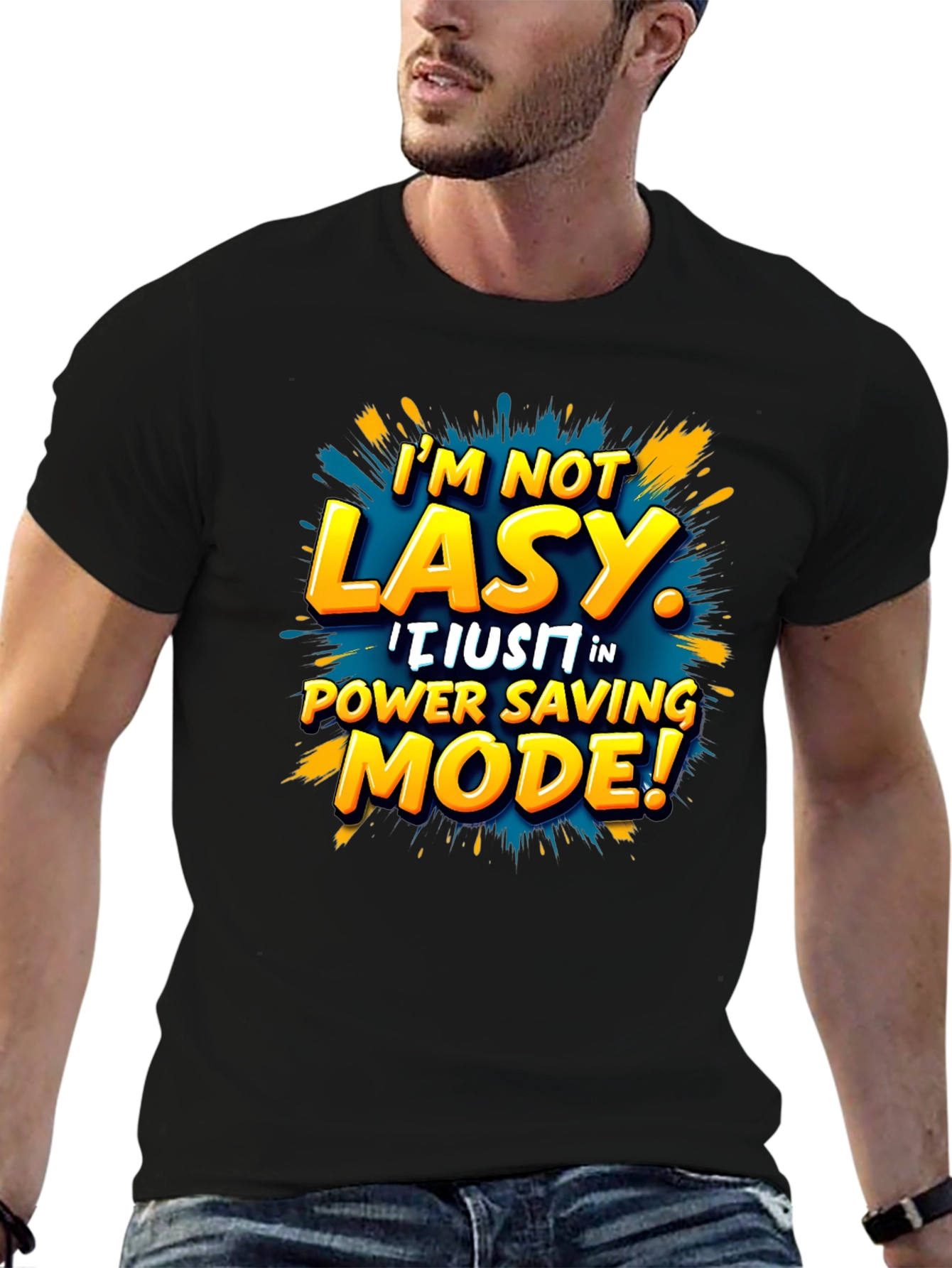Black Funny Power Saving Mode T-Shirt - Novelty Lazy Joke Tee view 6