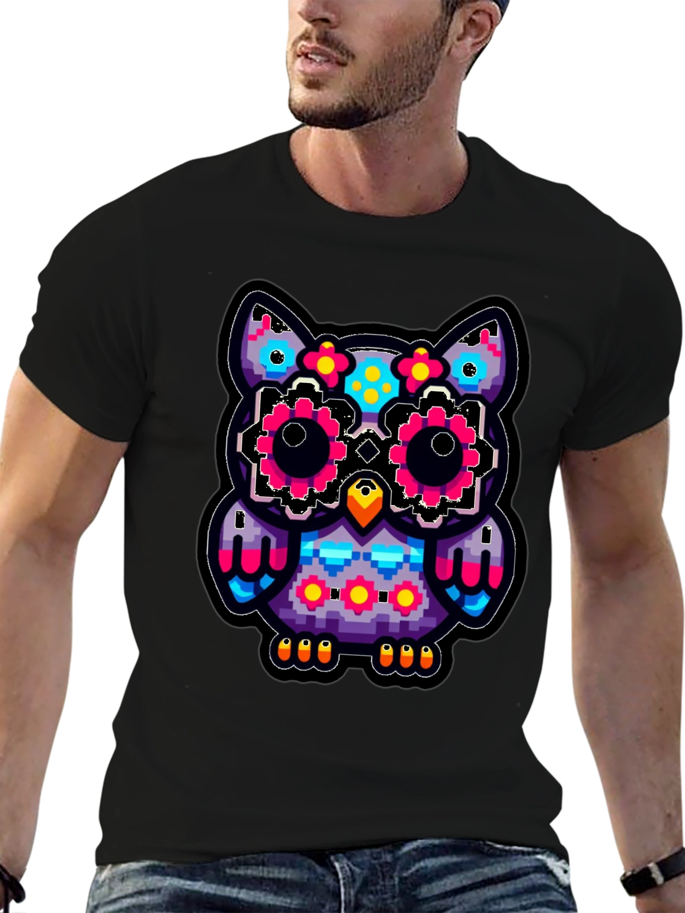 Black Pixel Owl T-Shirt - Colorful Graphic Tee view 6