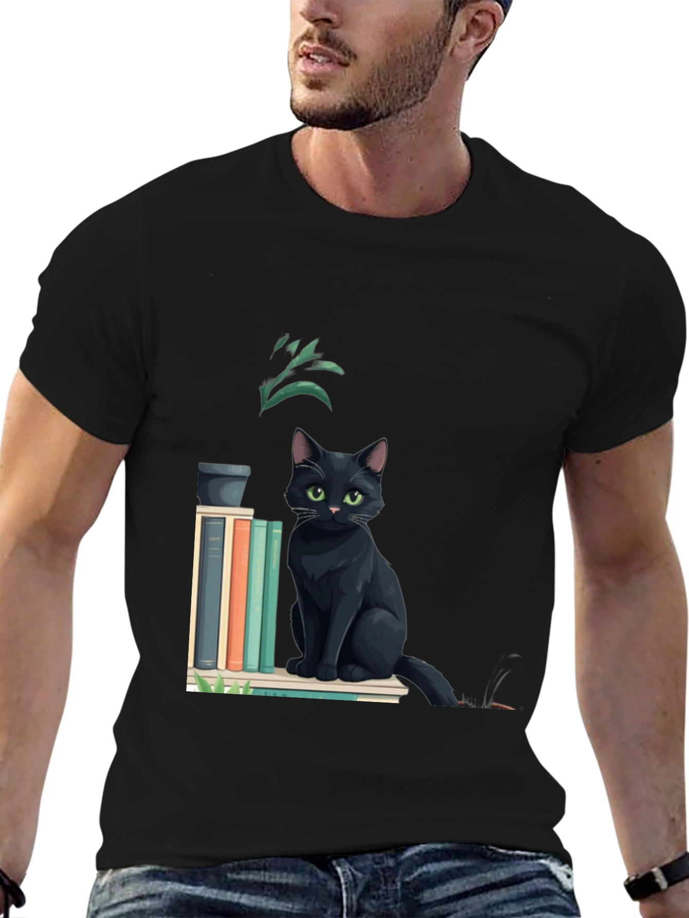 Black Black Cat Bookshelf T-Shirt - Stylish & Comfortable view 6