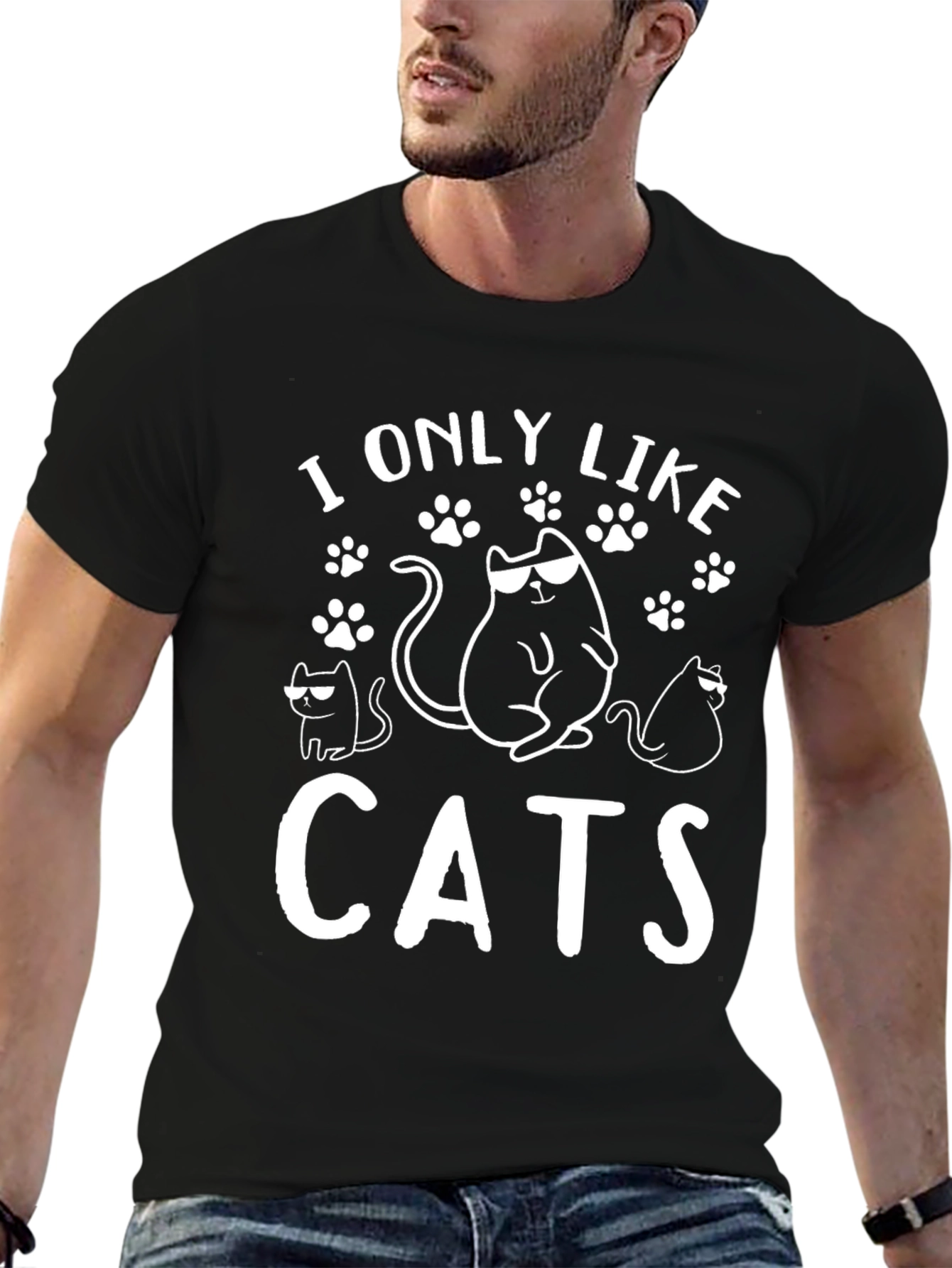 Black I Only Like Cats Graphic Tee - Cool Cat Lover T-Shirt view 6