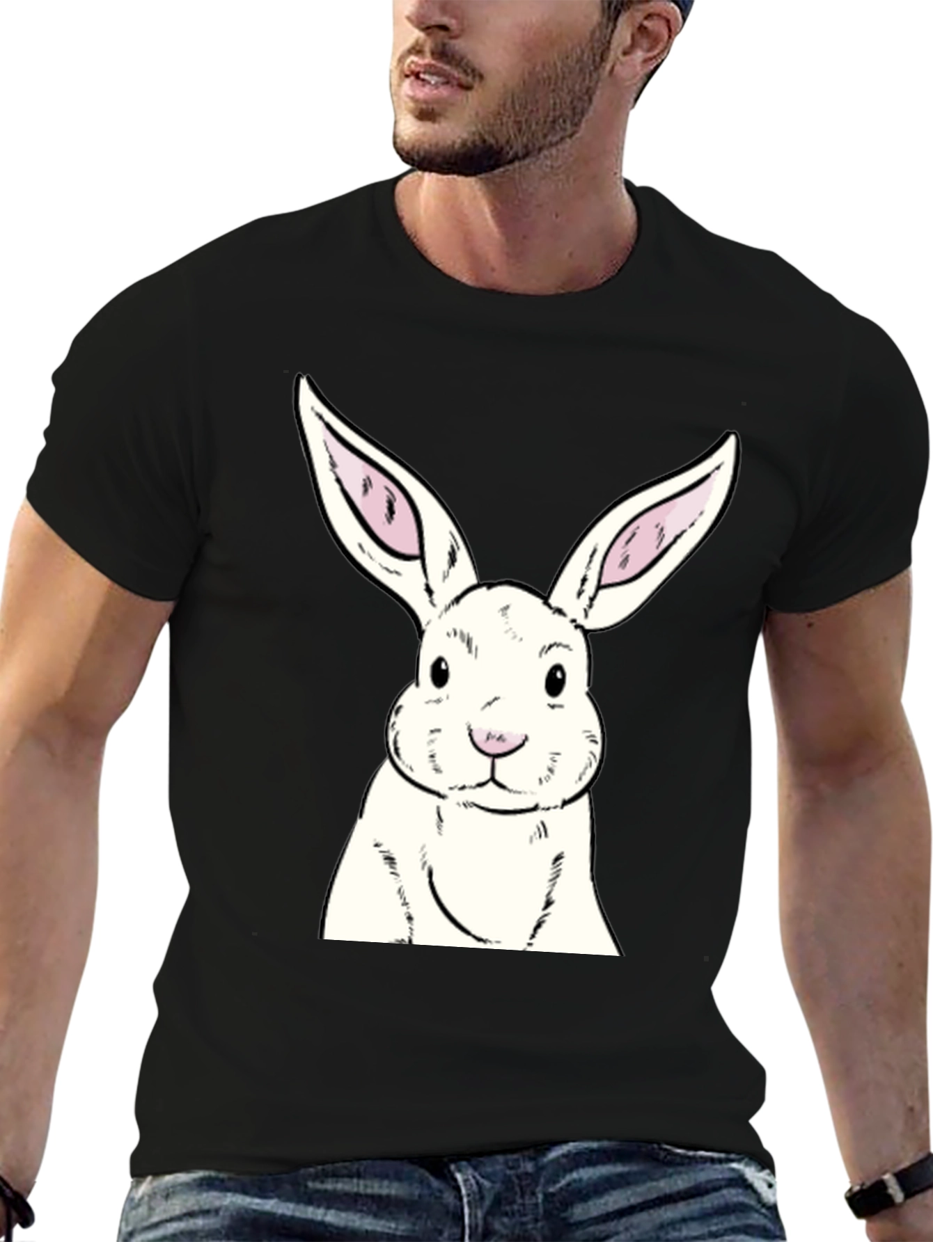 Black Bunny Graphic Tee - Soft Black Cotton Rabbit Print Shirt view 6