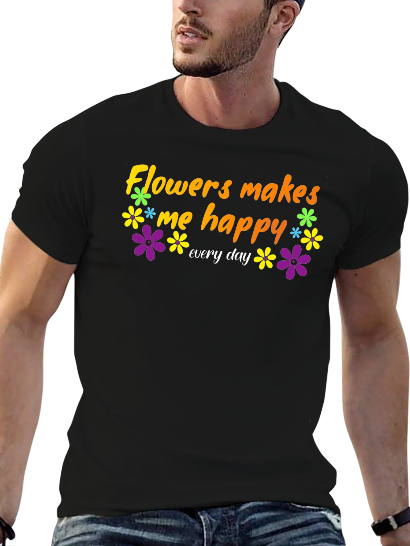 Black Flowers Makes Me Happy T-Shirt - Everyday Comfort view 6