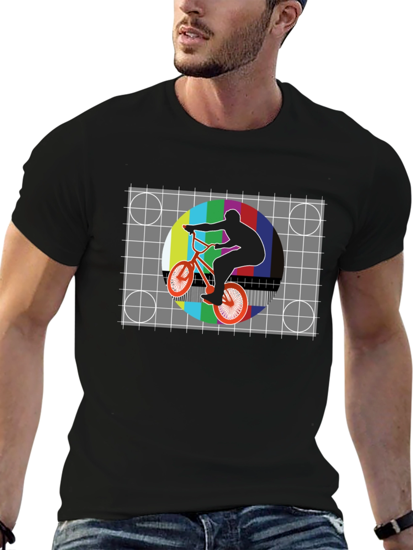 Black Retro BMX Rider Tee - Vintage Test Pattern Graphic view 6