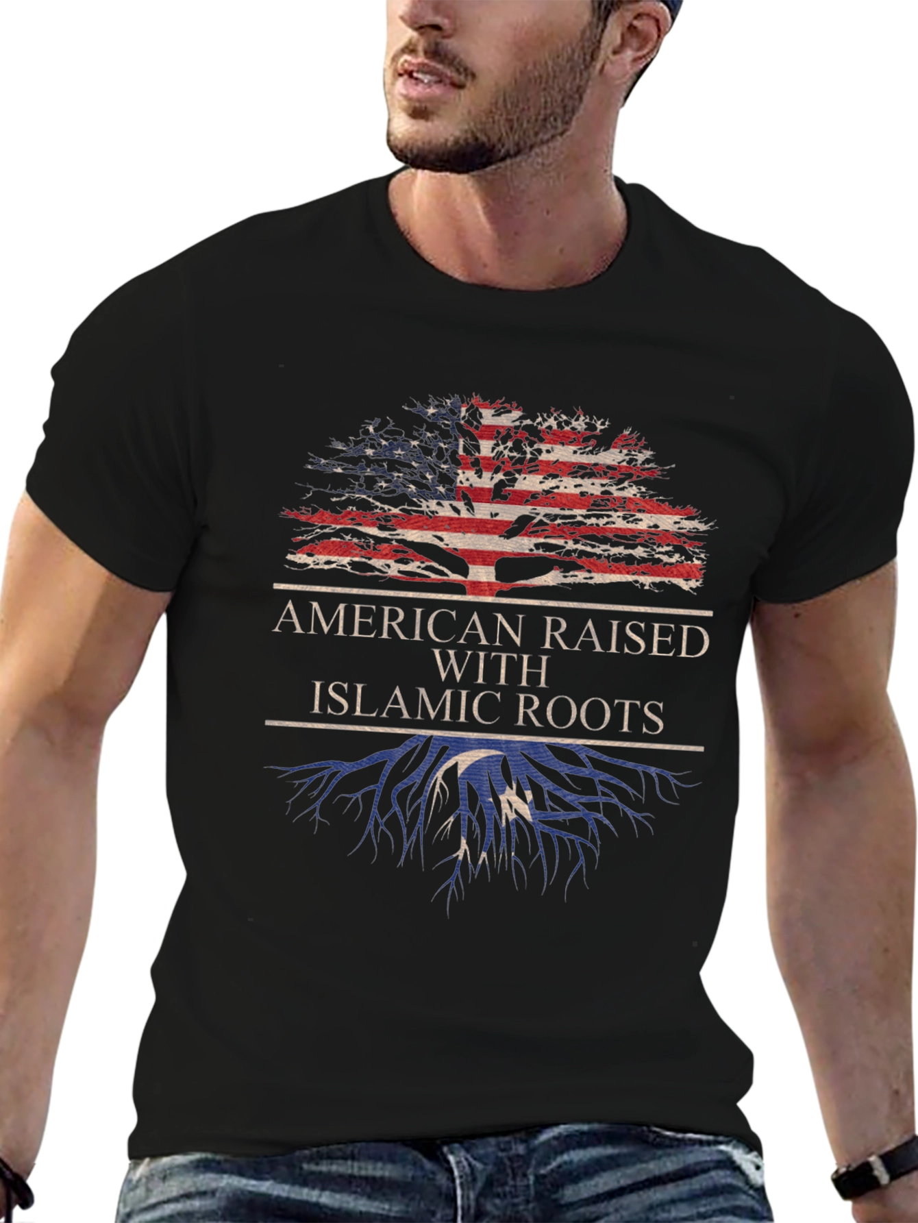 Black American Raised Islamic Roots Graphic T-Shirt view 6
