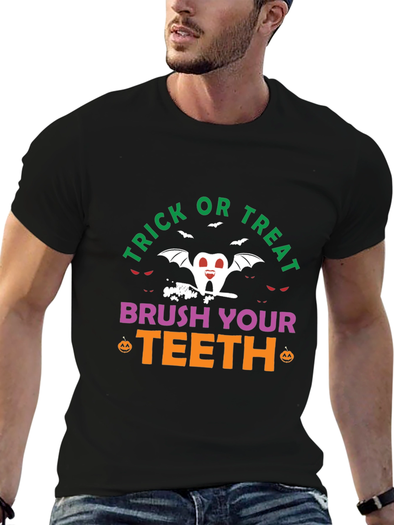 Black Trick or Treat Brush Your Teeth Halloween T-Shirt view 6