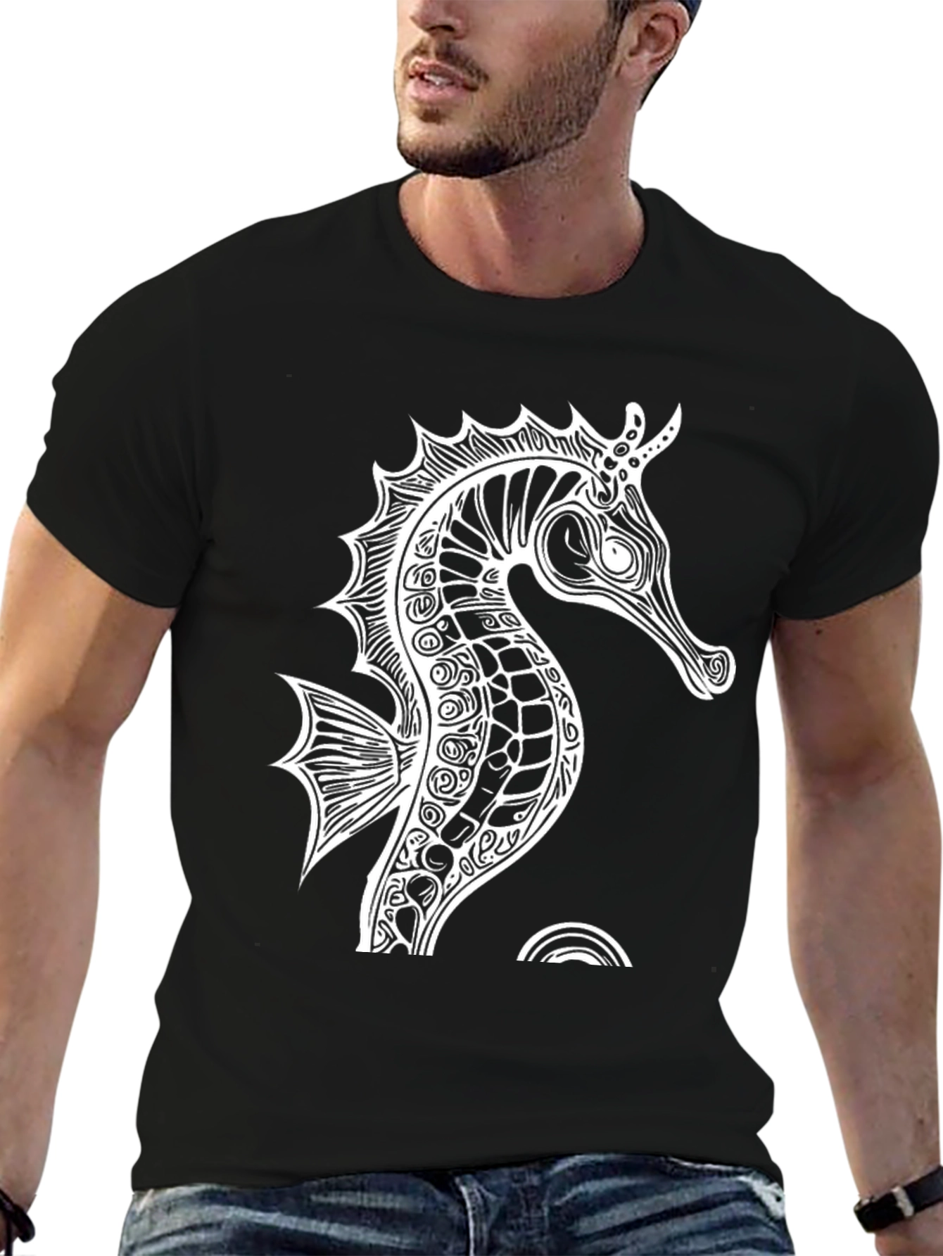 Black Seahorse Graphic Black T-Shirt - Unique Ocean Design view 6