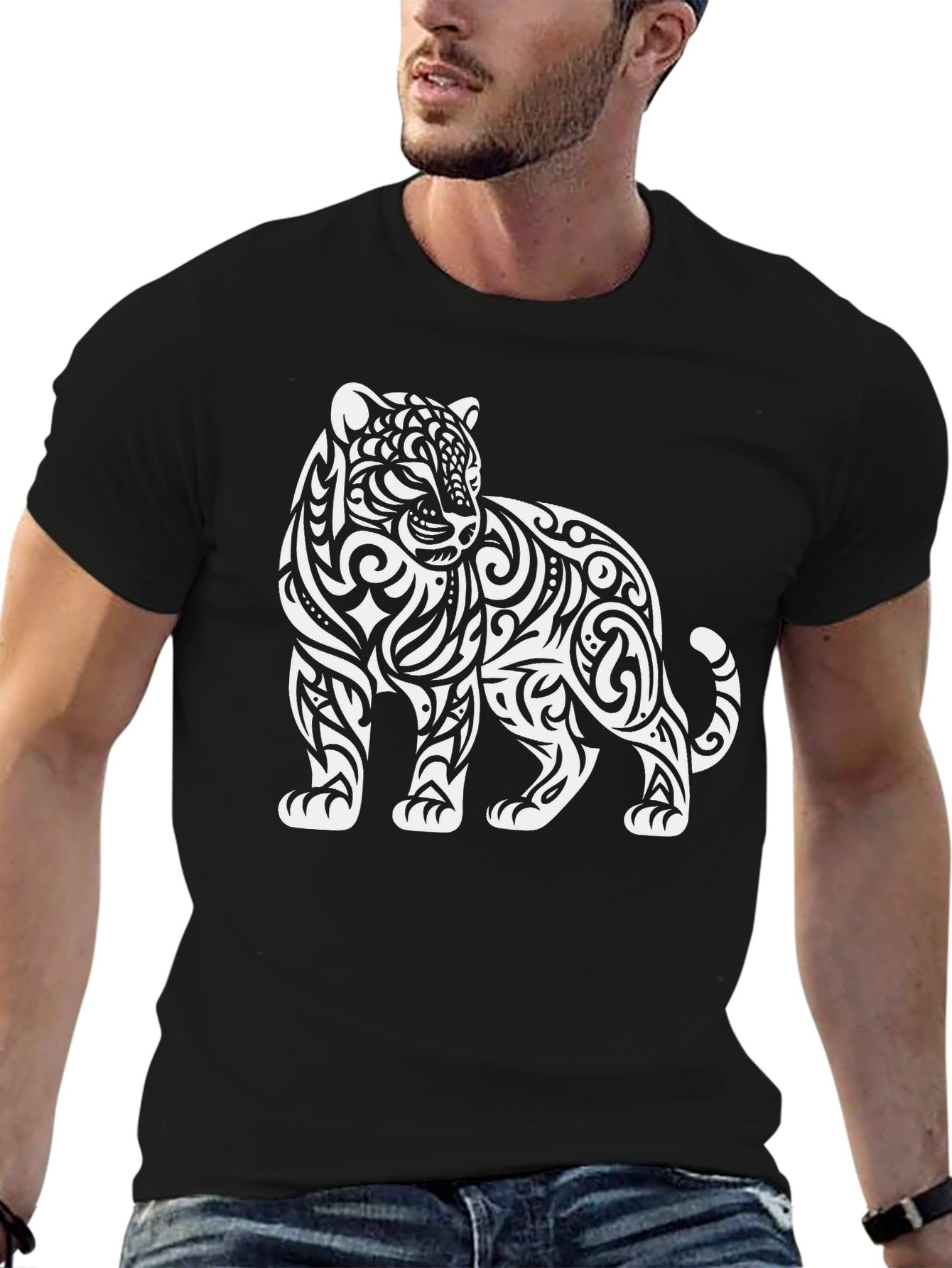 Black Tribal Tiger Graphic Tee - Stylish Black Cotton T-Shirt view 6