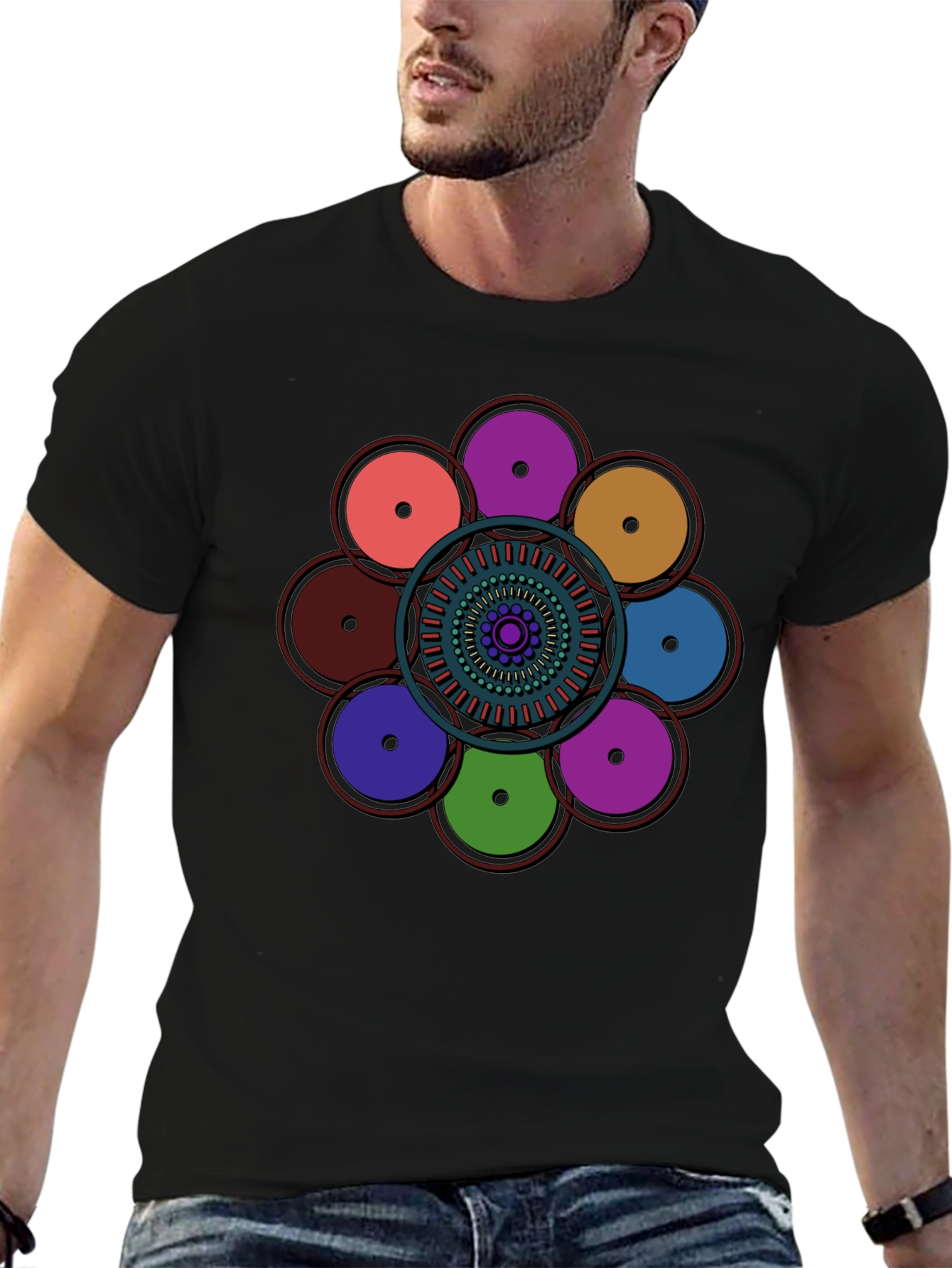 Black Geometric Circle Design Black T-Shirt view 6