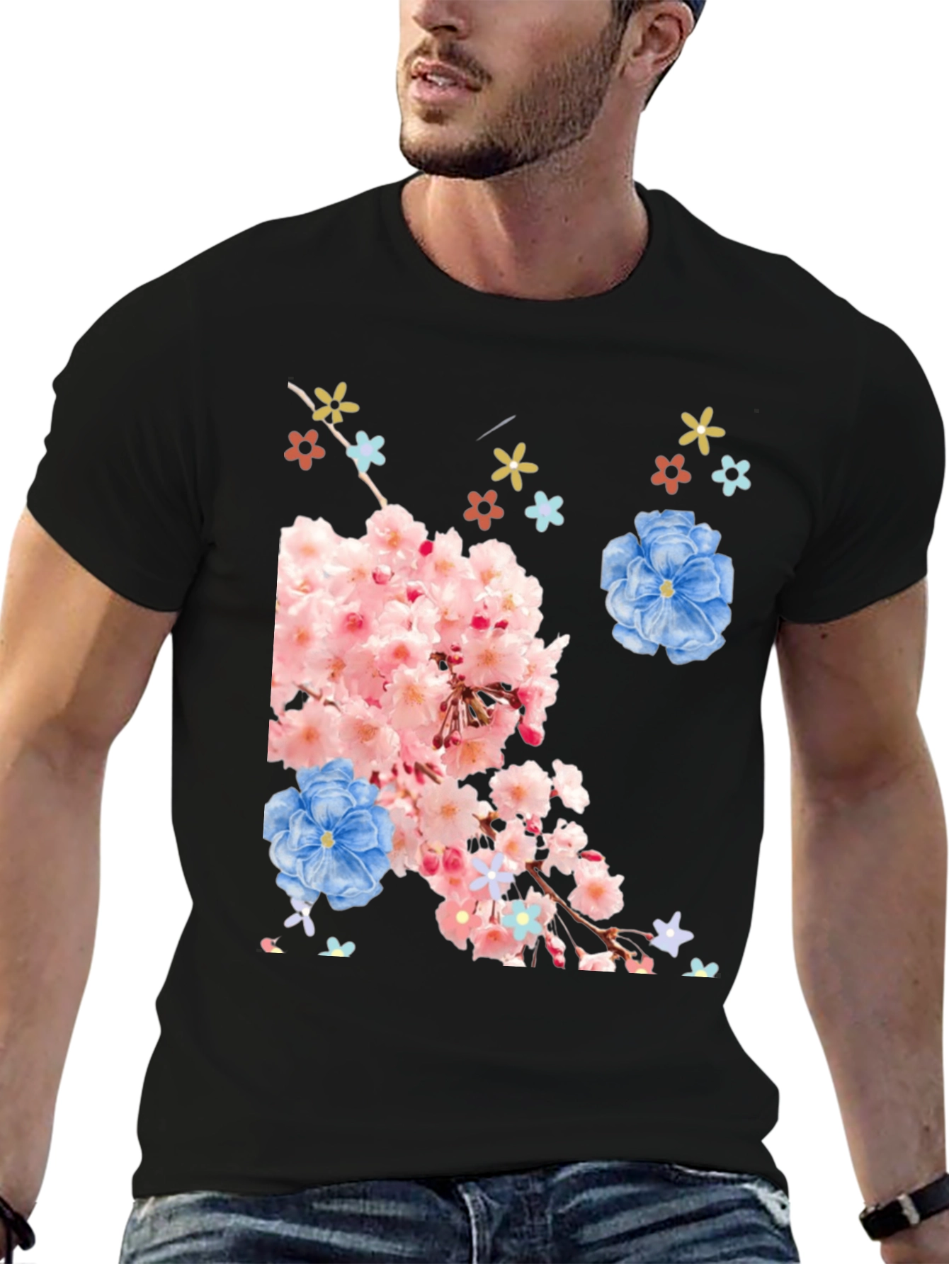 Black Floral Print Black T-Shirt view 6