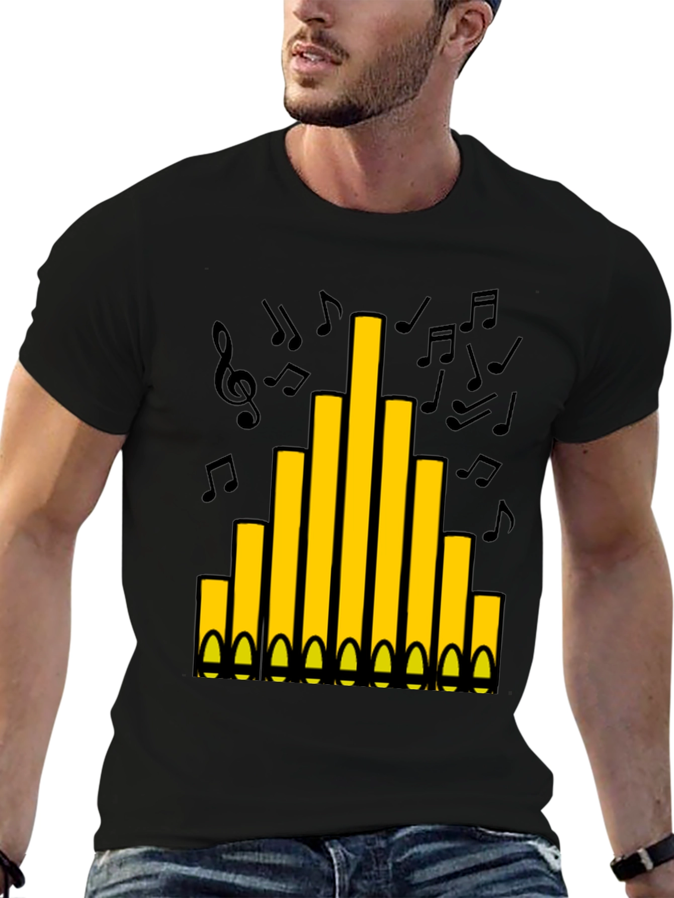 Black Organ Pipe Music Notes Graphic T-Shirt view 6
