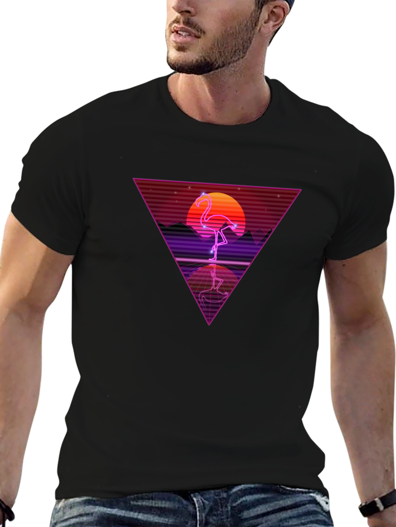 Black Retro Flamingo Triangle Graphic Tee view 6