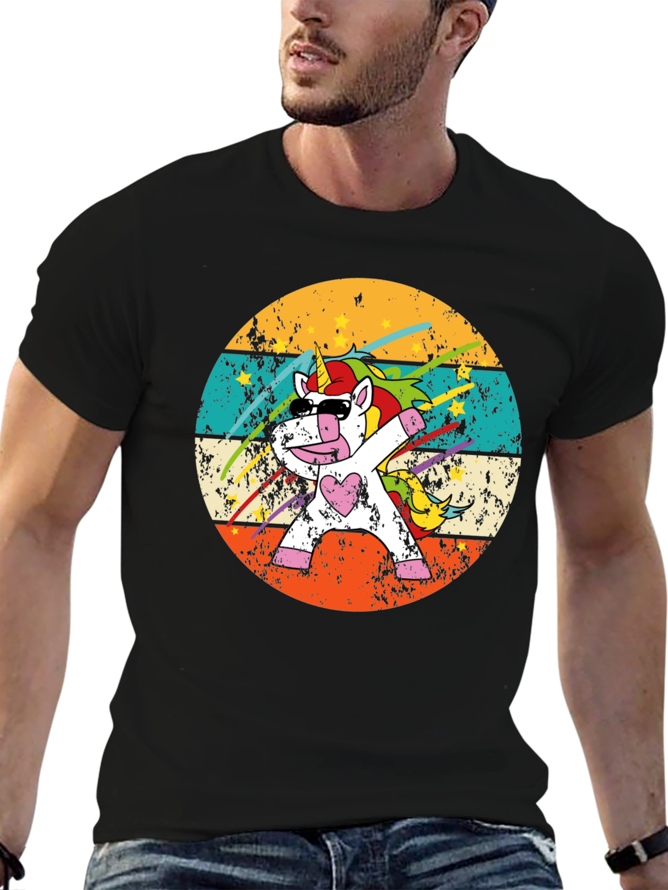 Black Dabbing Unicorn Retro T-Shirt view 6