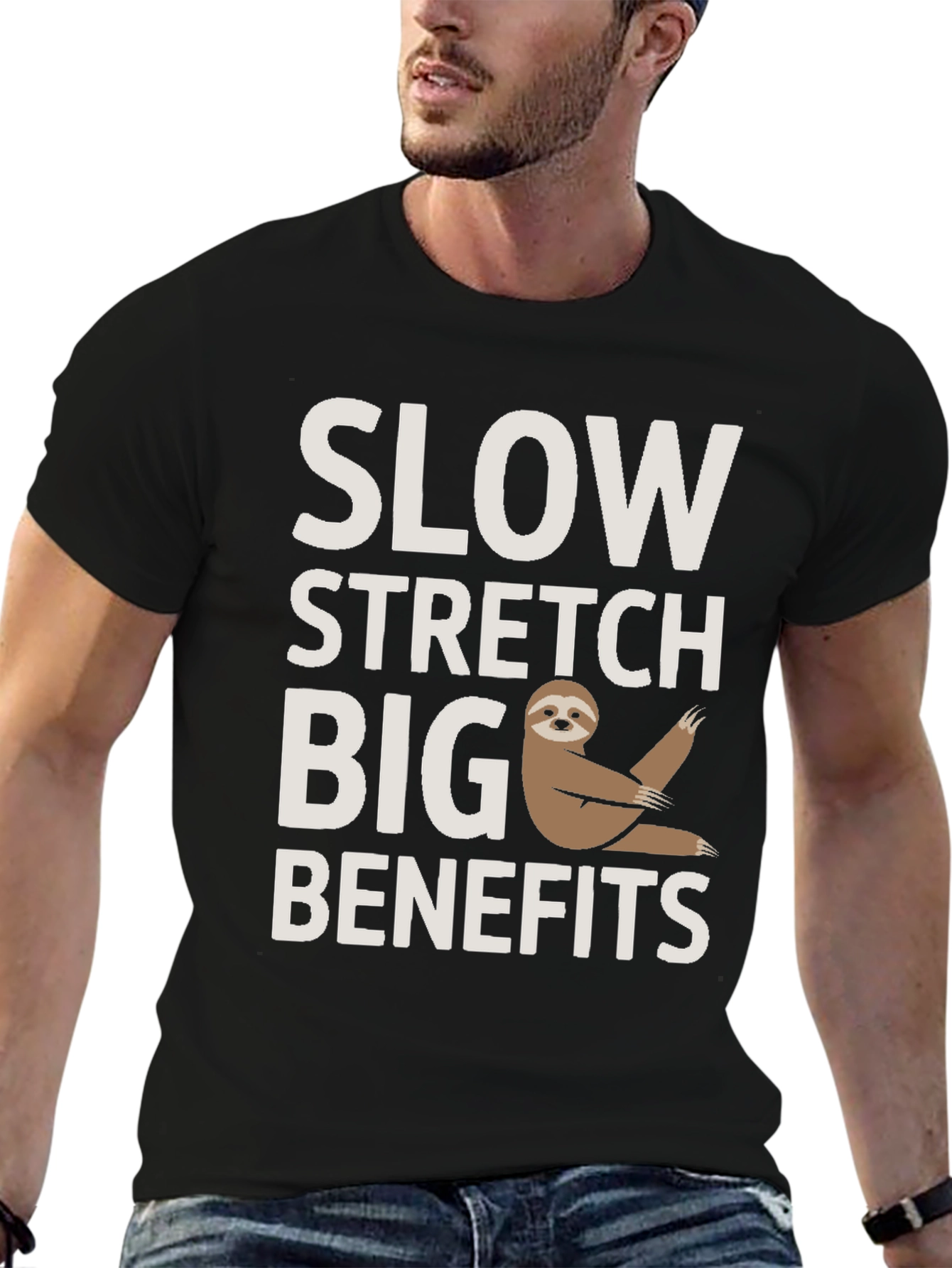 Black Funny Sloth Yoga T-Shirt - Slow Stretch Big Benefits view 6
