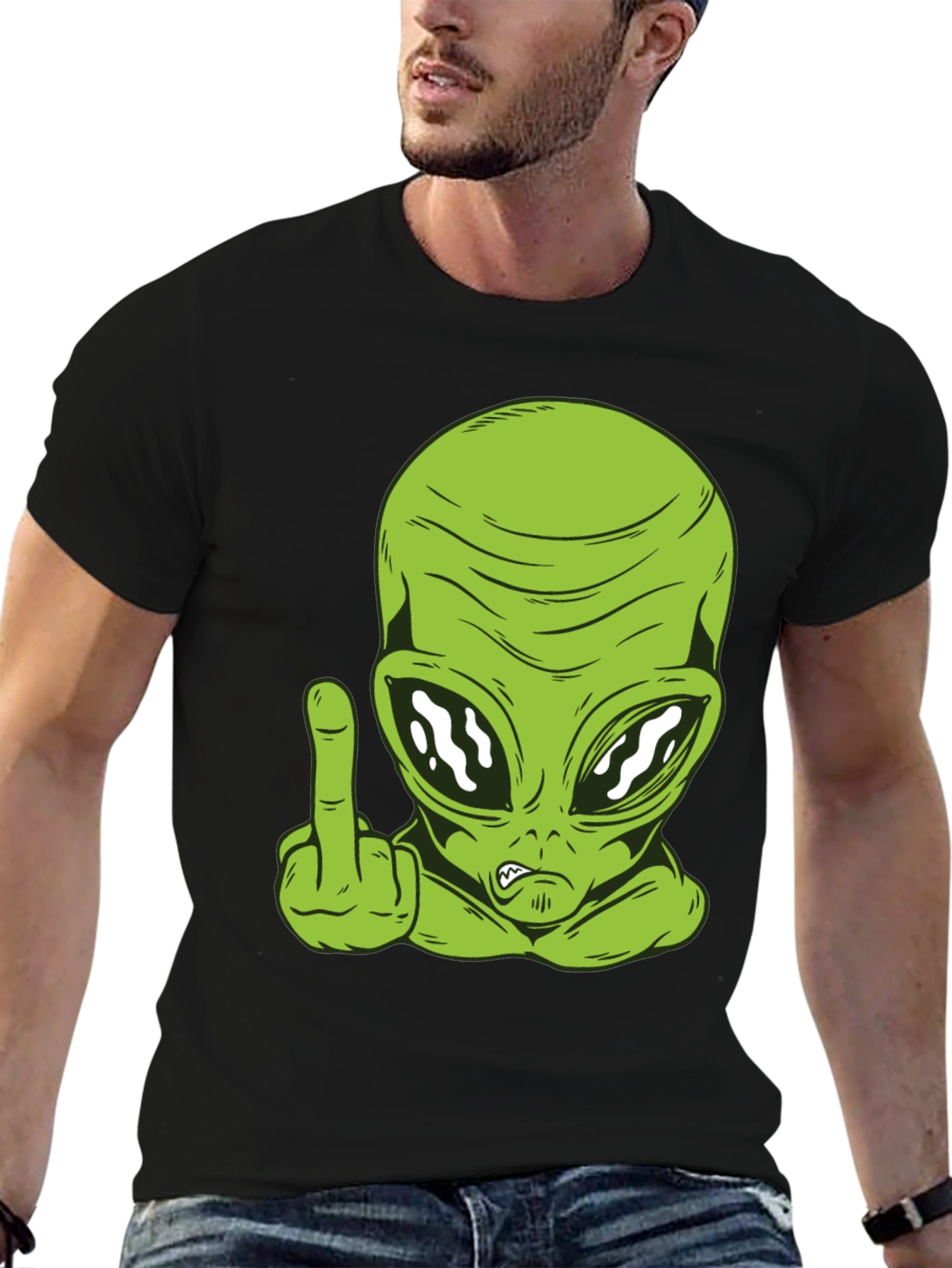 Black Alien Middle Finger Graphic T-Shirt - Black view 6