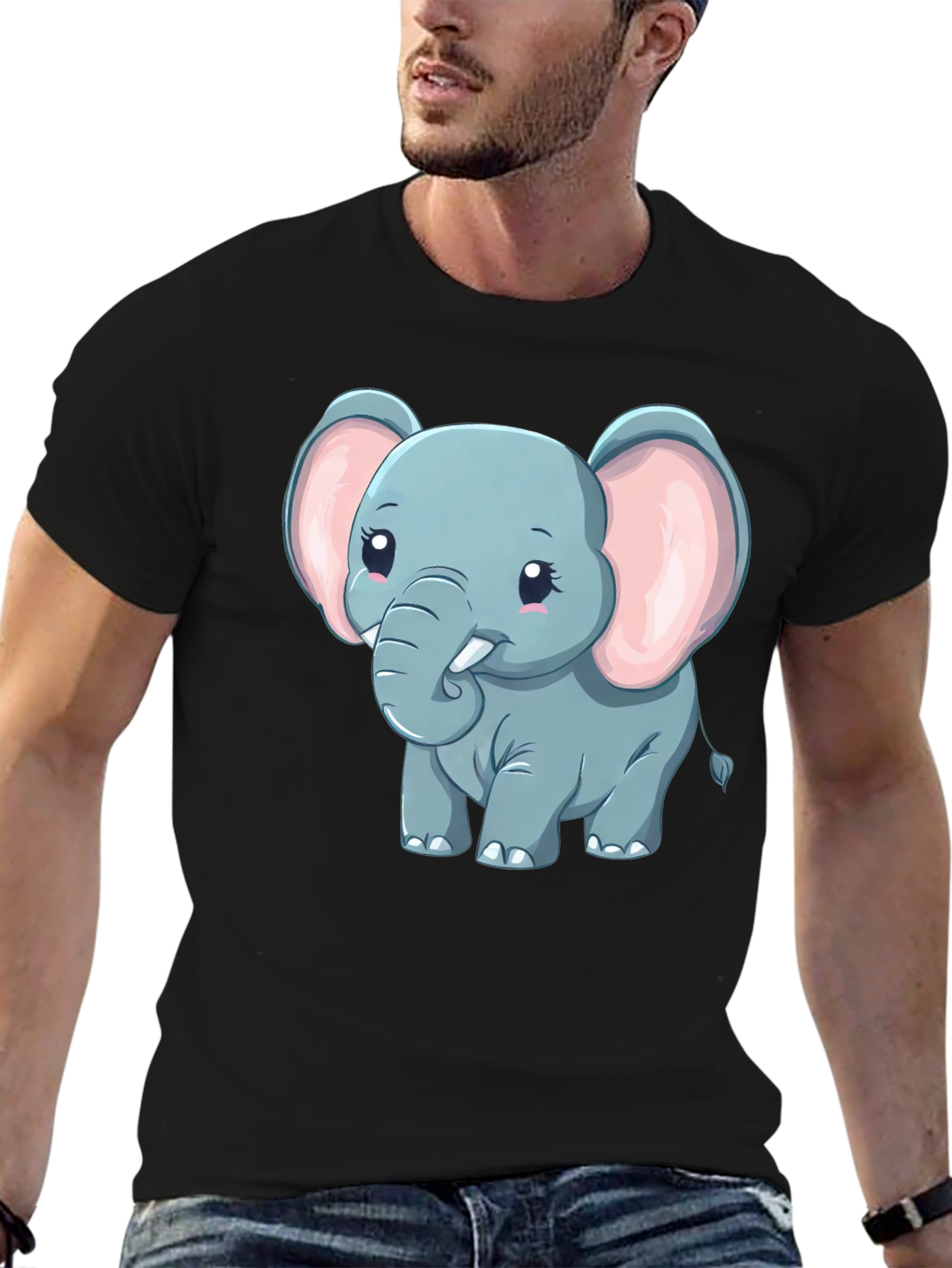Black Cute Elephant Graphic Tee - Black Cotton Blend view 6