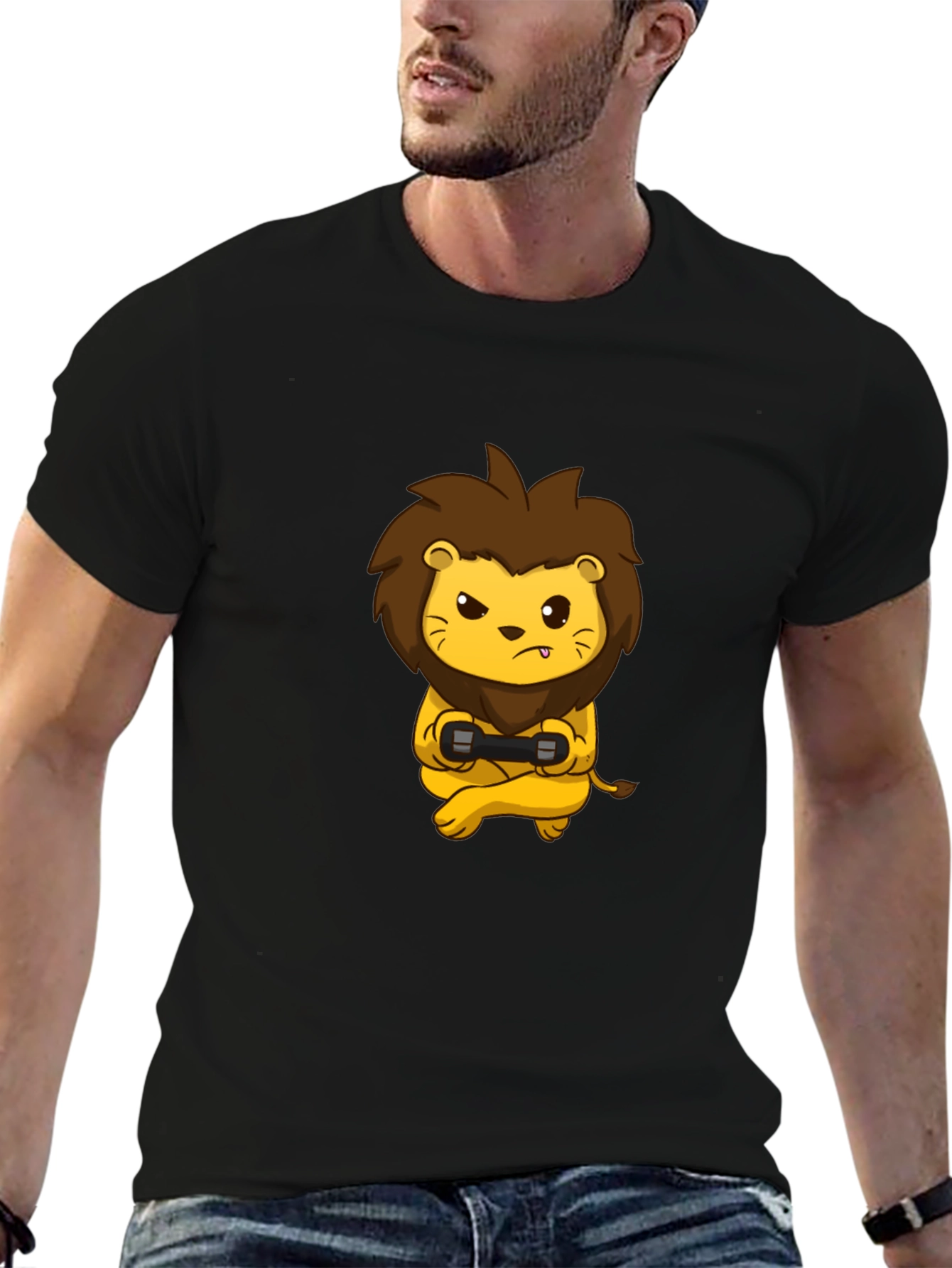Black Gamer Lion Graphic T-Shirt - Black Cotton Tee view 6