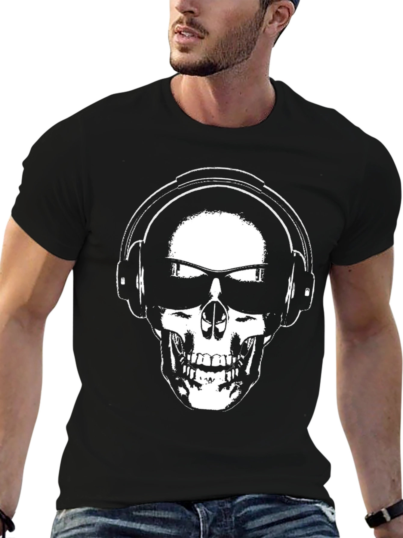 Black Skull Headphones Graphic Tee - Black Cotton Blend view 6