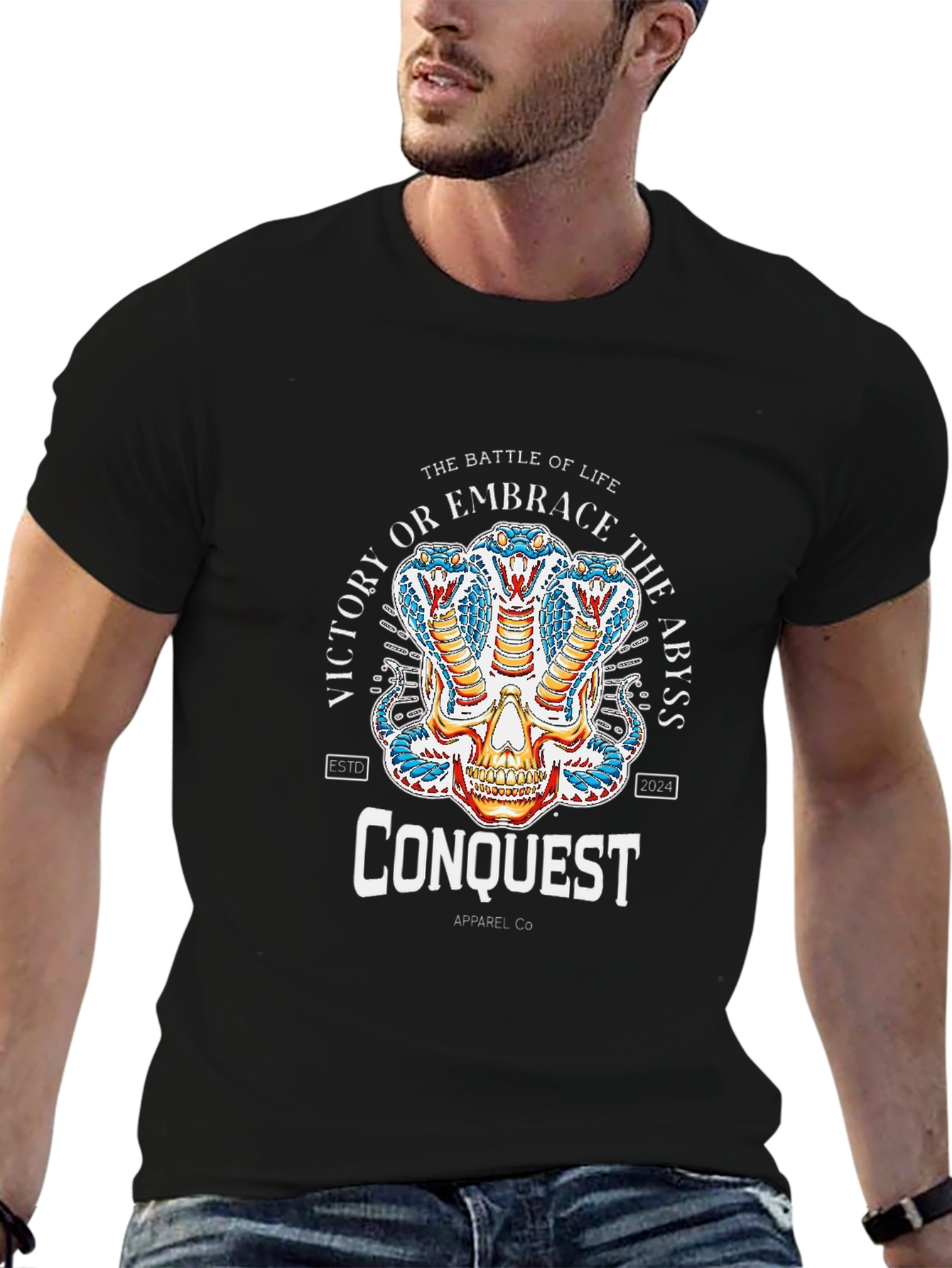 Black Conquest Skull Cobra Graphic Black T-Shirt view 6