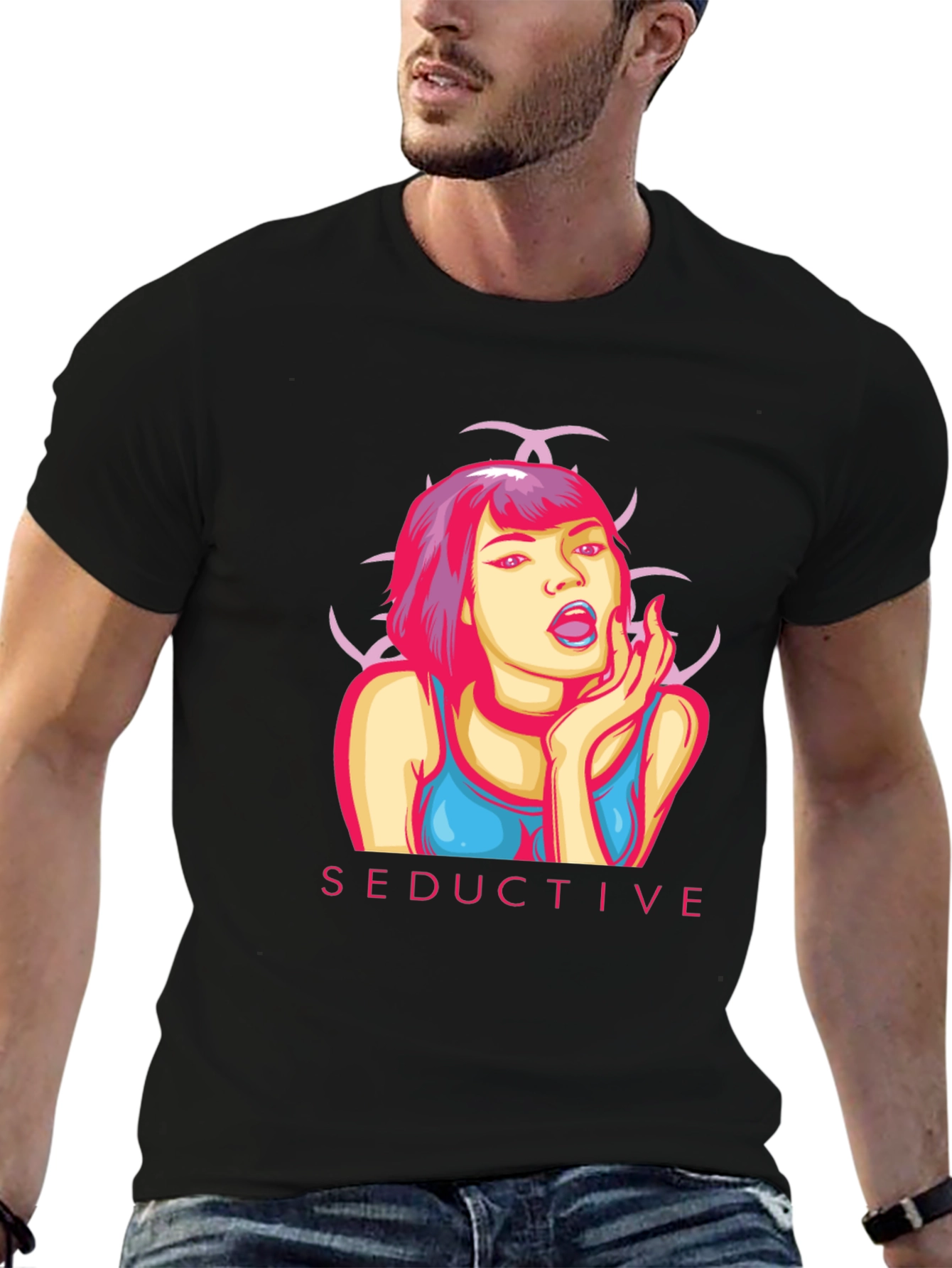 Seductive Graphic Print Black T-Shirt - 6